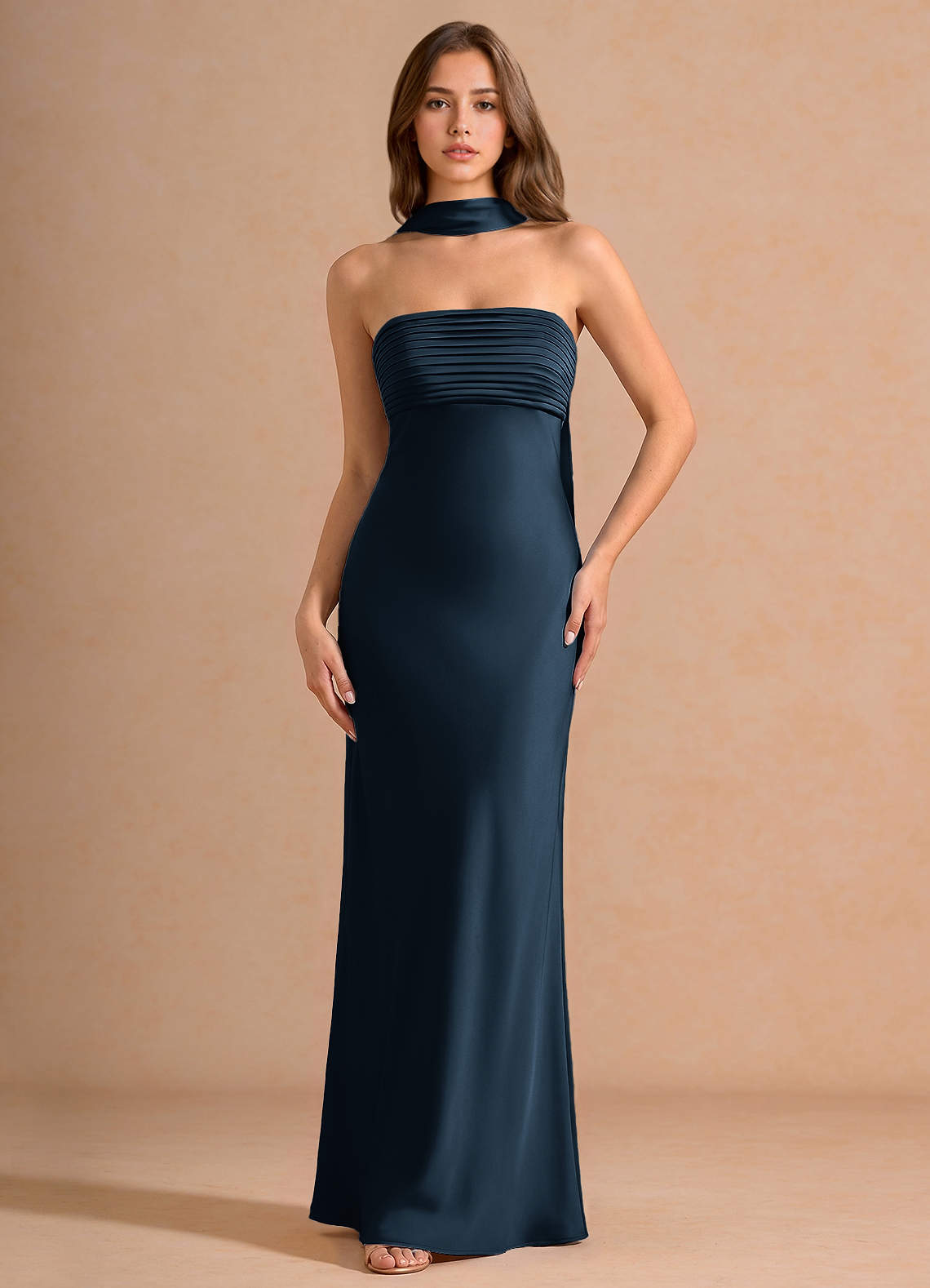 Seraphina A-Line Scarf Stretch Satin Evening Dress in Vintage Sage