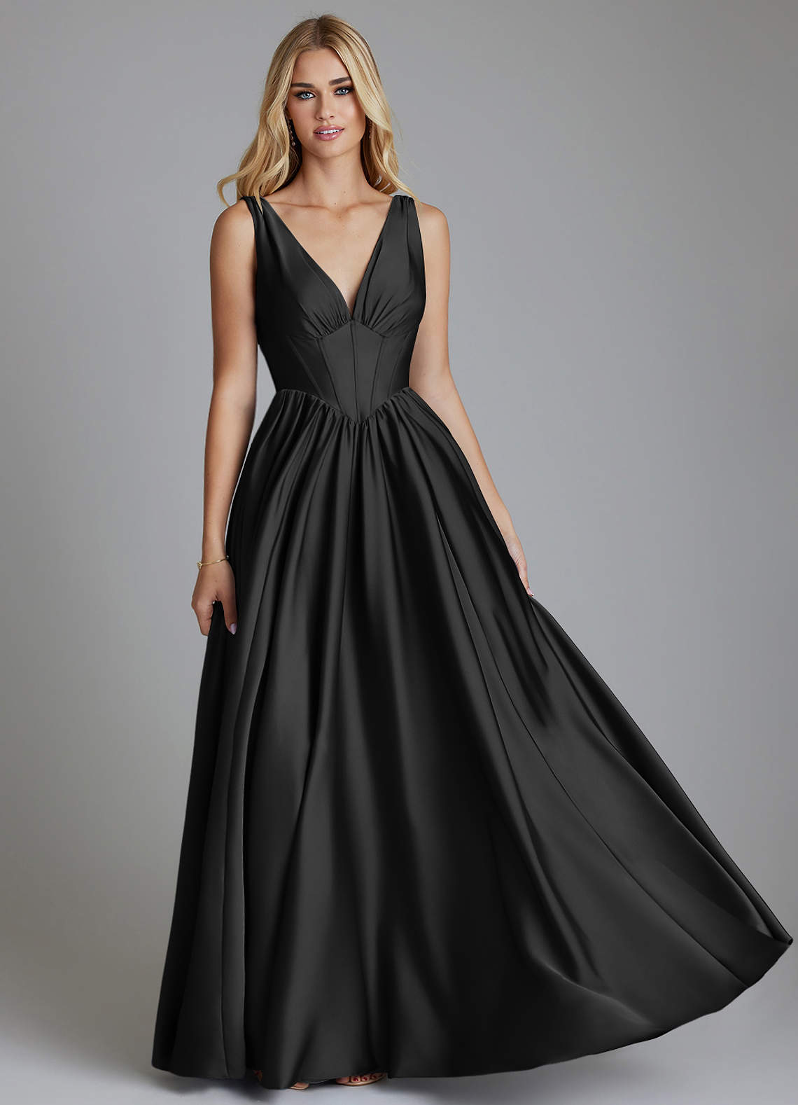 Delmie A-Line V-Neck Stretch Satin Bridesmaid Dress in black