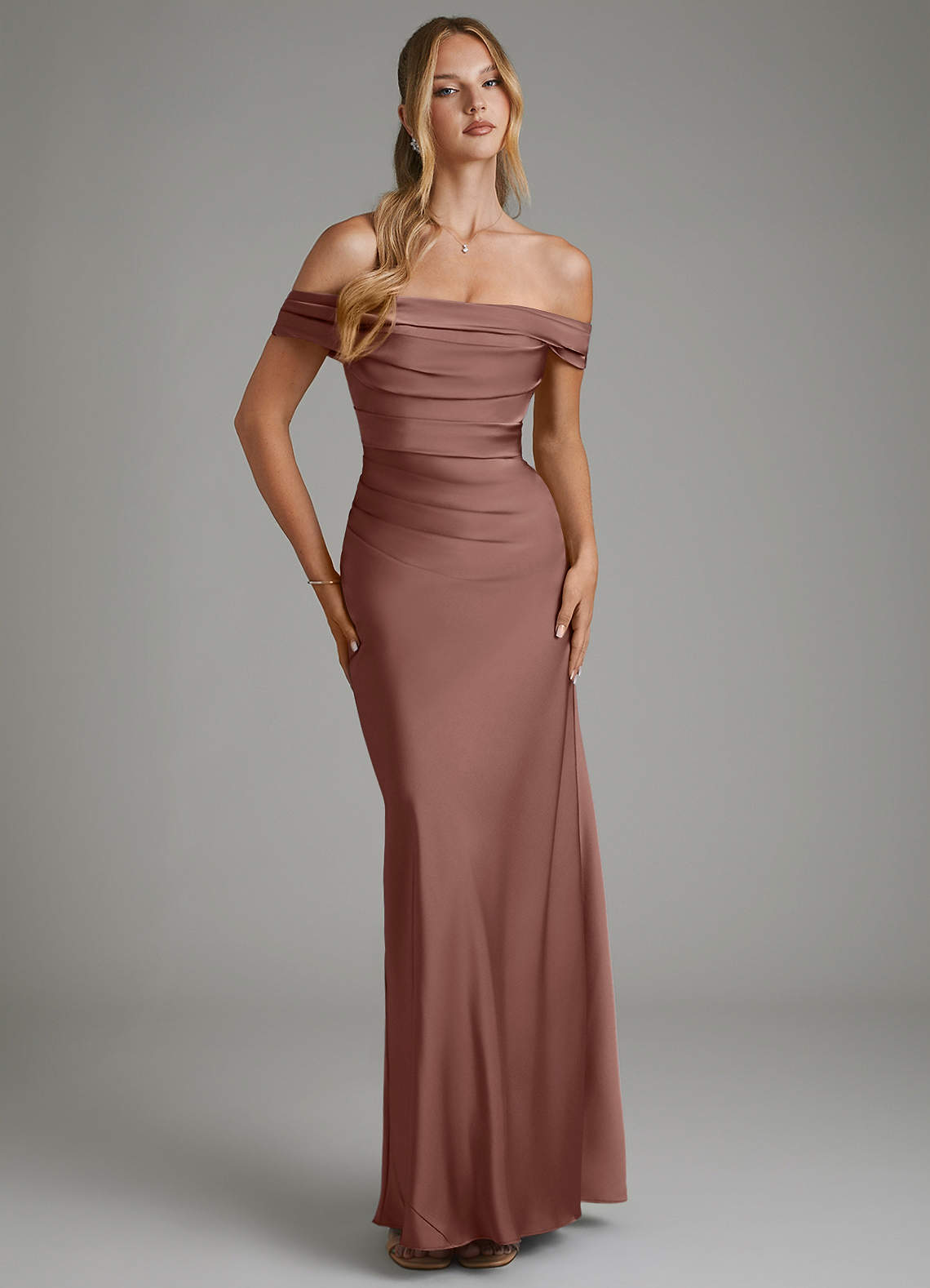 Hayden Mermaid Off-the-Shoulder Stretch Satin Bridesmaid Dress in Espresso