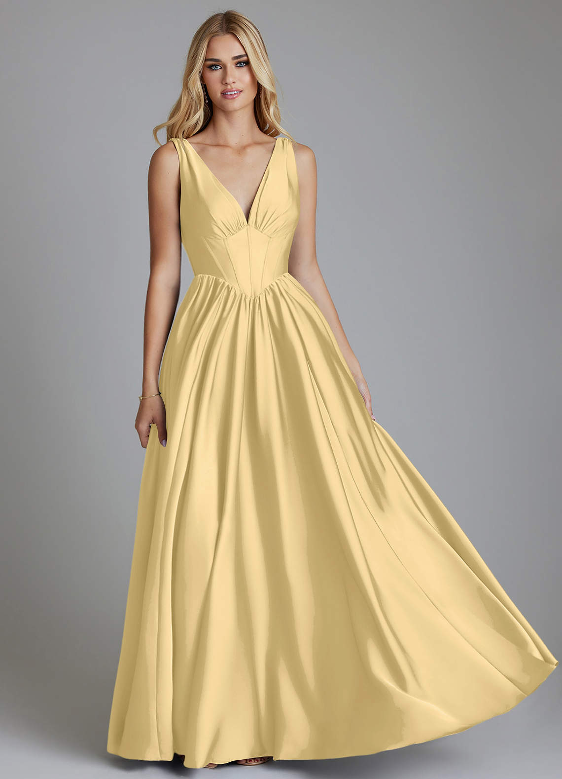 Delmie A-Line V-Neck Stretch Satin Bridesmaid Dress in Butter