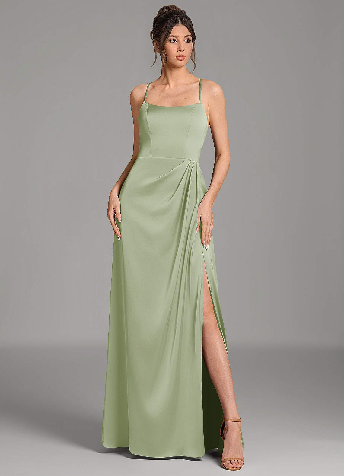 Frankie A-Line Scoop-Neck Stretch Satin Bridesmaid Dress in Dusty Sage