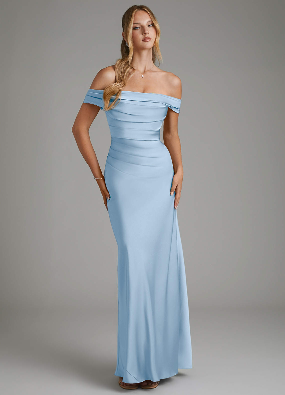 Hayden Mermaid Off-the-Shoulder Stretch Satin Bridesmaid Dress in Powder Blue