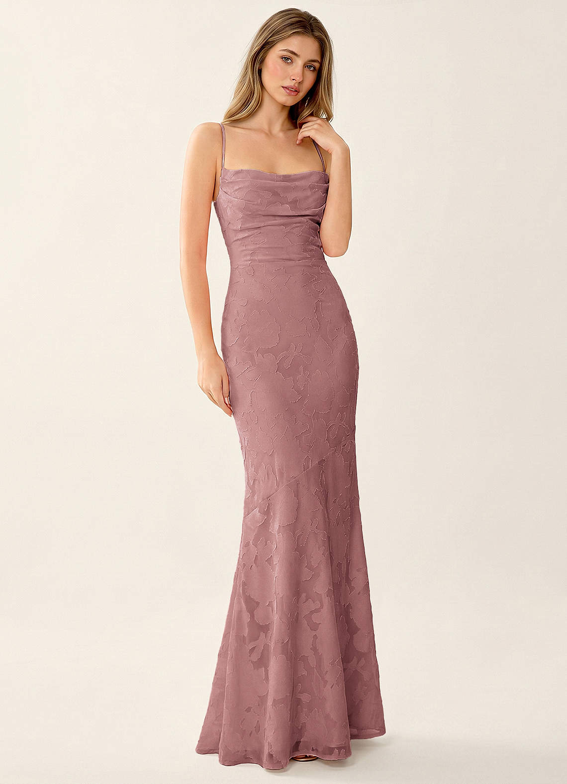 Natasha Mermaid Spaghetti-Strap Floral Burnout Evening Dress in Burgundy
