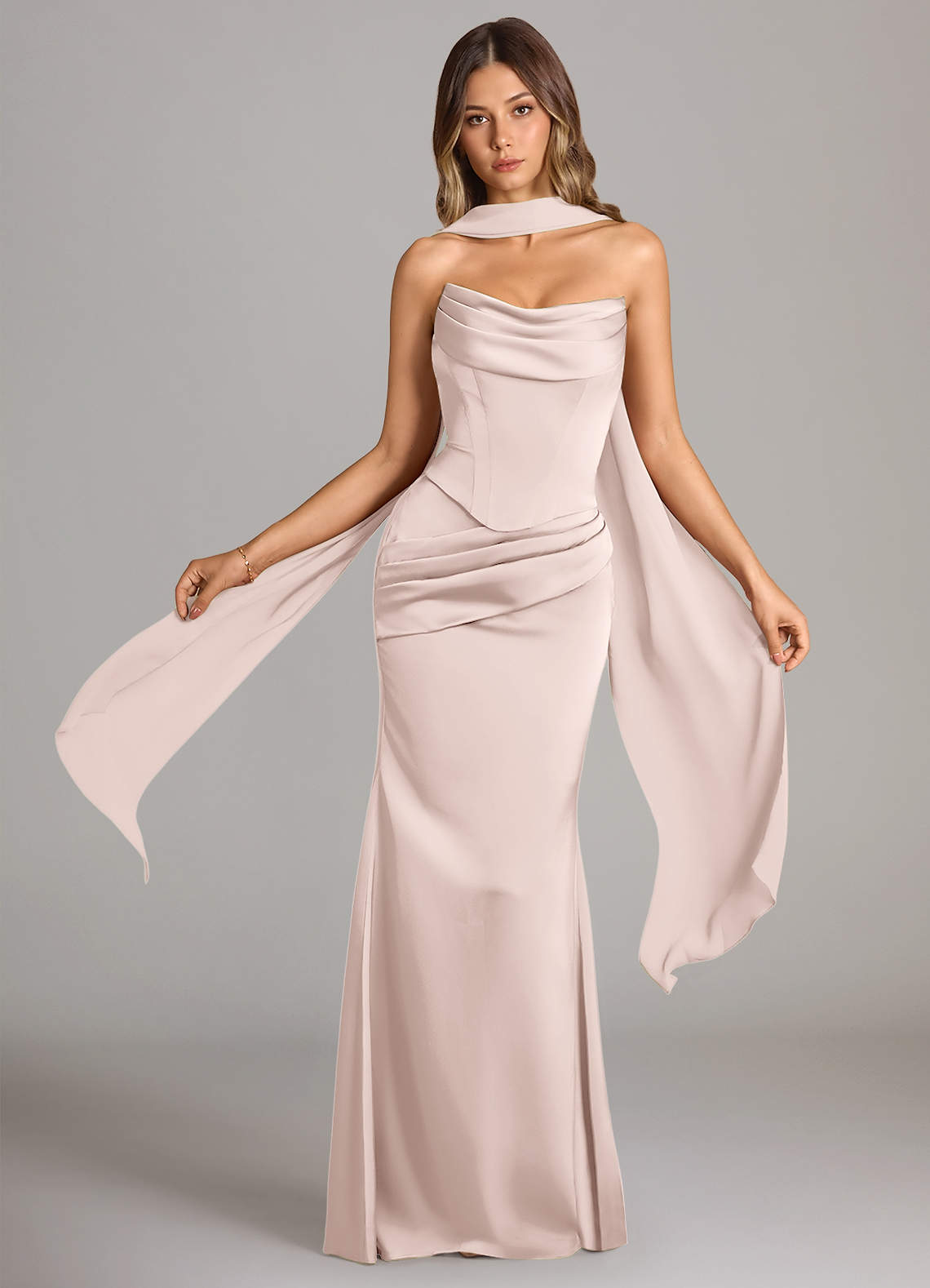 Sorrel Mermaid Cowl-Neck Stretch Satin and Chiffon Bridesmaid Dress in Blushing Pink