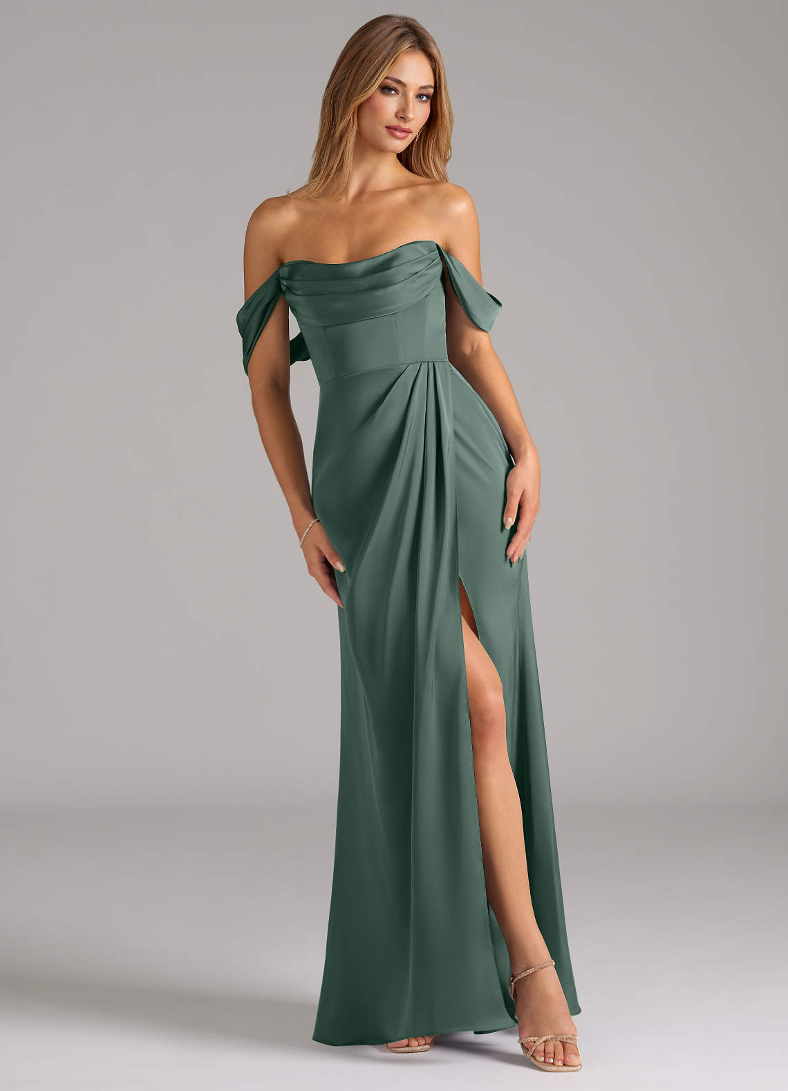 Johana Mermaid Off-the-Shoulder Stretch Satin Bridesmaid Dress in Sea Moss