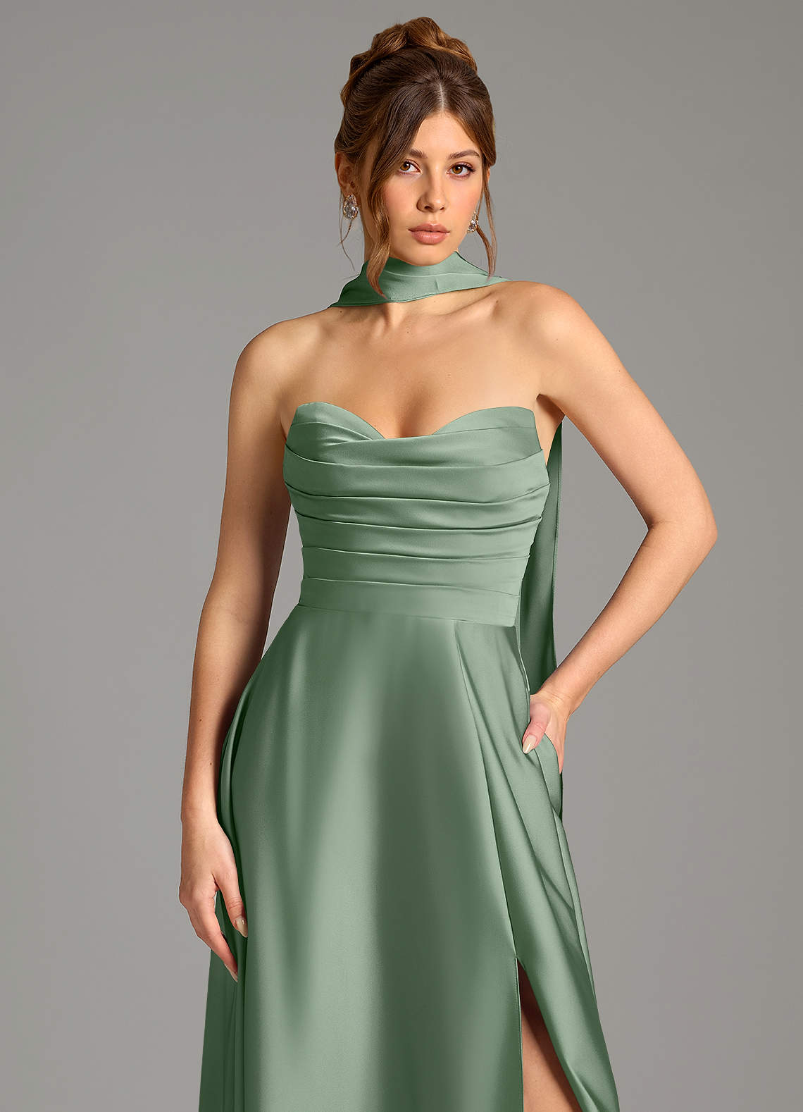 Ayla A-Line Sweetheart Stretch Satin Bridesmaid Dress in Matcha
