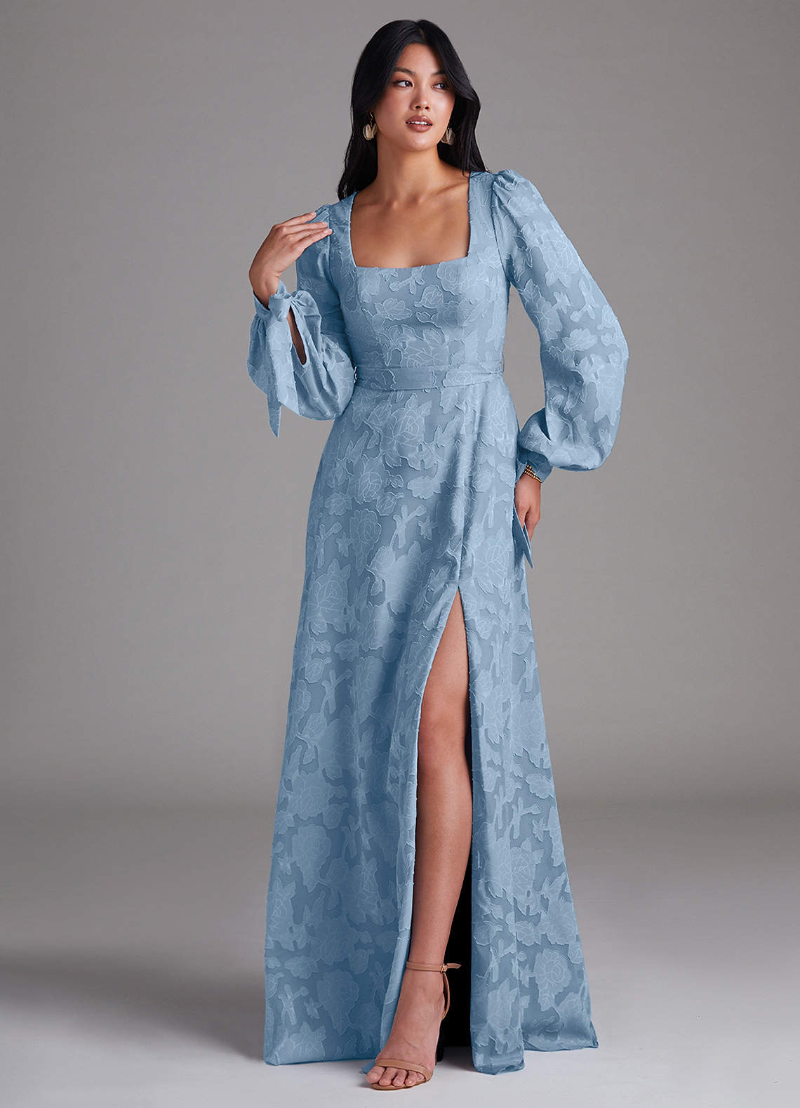 Leonia A-Line Square-Neck Stretch Satin Bridesmaid Dress in Powder Blue