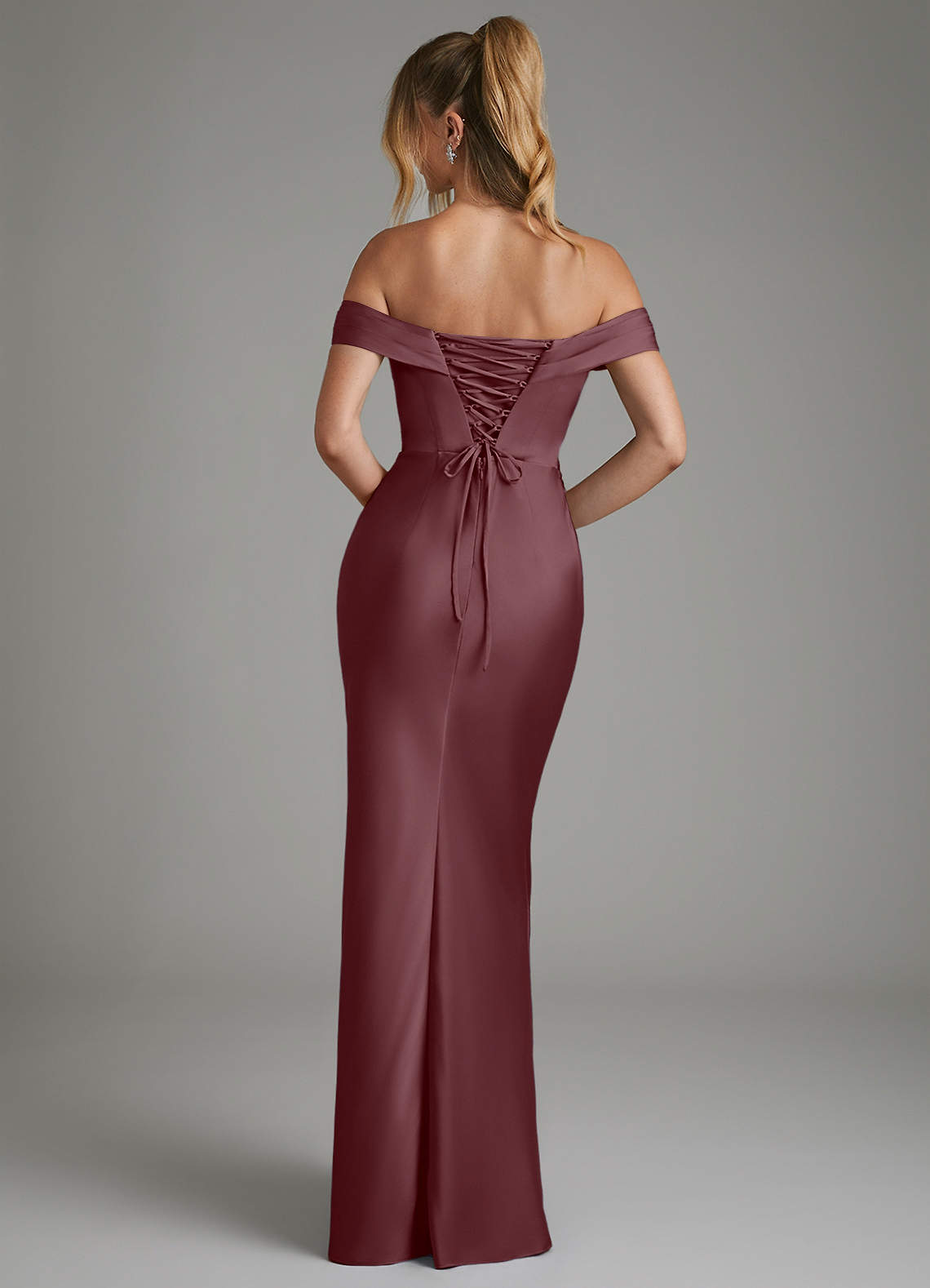 Hayden Mermaid Off-the-Shoulder Stretch Satin Bridesmaid Dress in Sangria