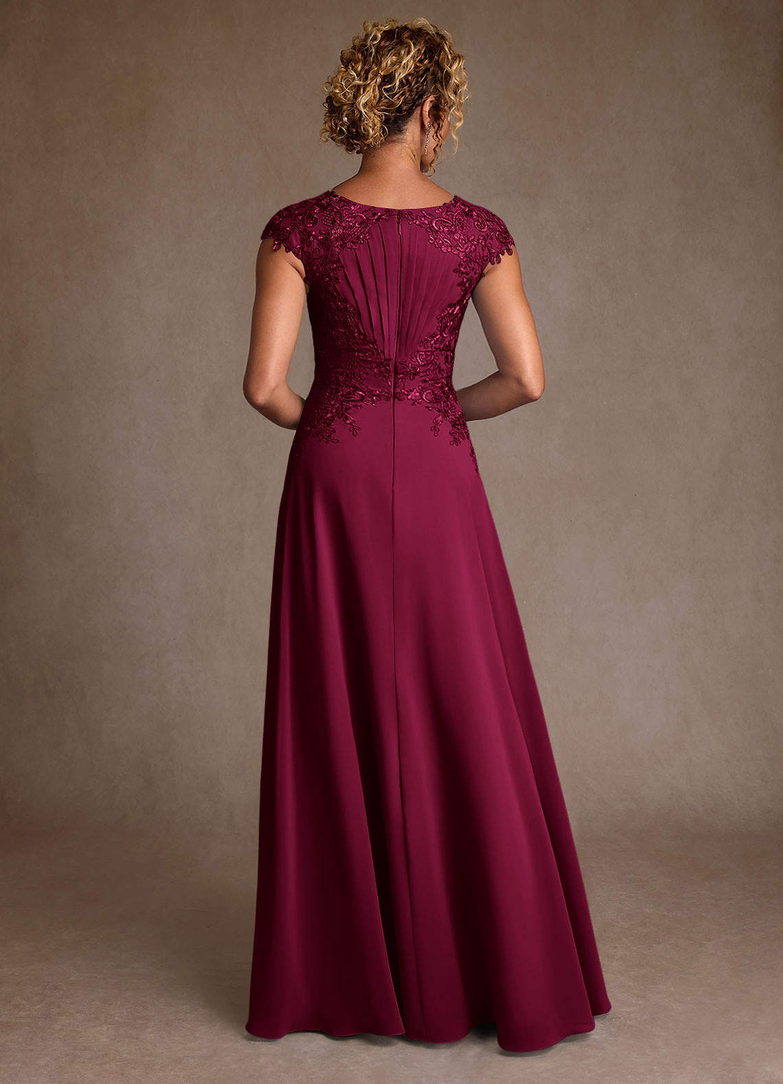 Christi A-Line Scoop-Neck Chiffon and Lace Mother of the Bride Dress in Burgundy