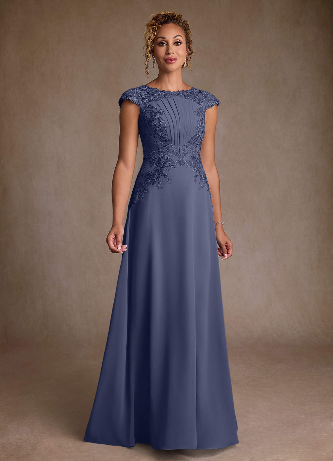 Christi A-Line Scoop-Neck Chiffon and Lace Mother of the Bride Dress in Stormy