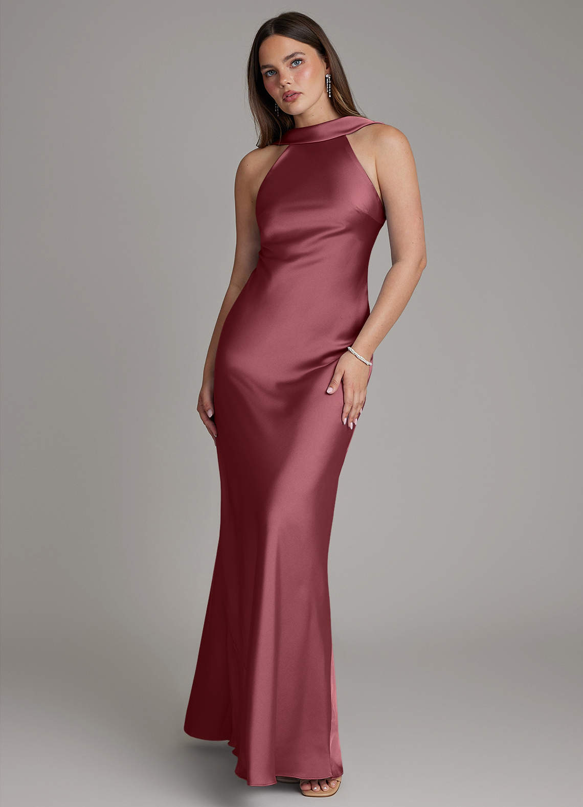 Dimitra Sheath Halter Stretch Satin Bridesmaid Dress in Desert Rose