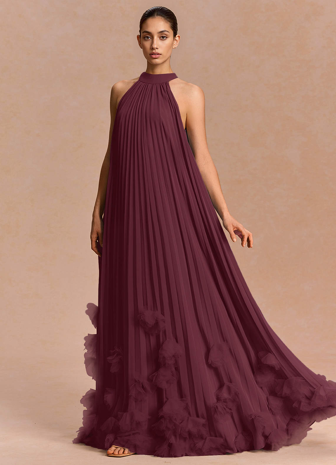 Lucette A-Line Halter Chiffon Evening Dress in Wine
