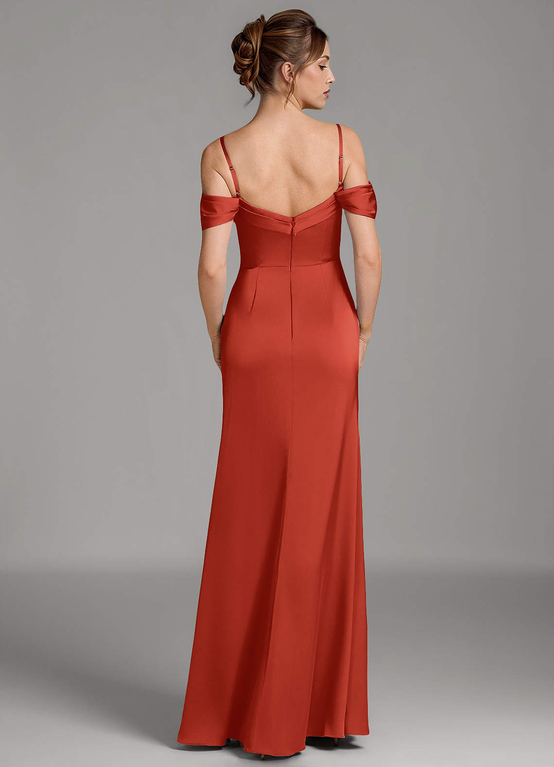 Wyatt Mermaid Off-the-Shoulder Stretch Satin Bridesmaid Dress in Rust