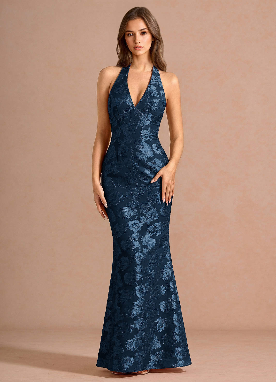 Valerie V-Neck Open-Back Fil Coupé Evening Dress in Navy