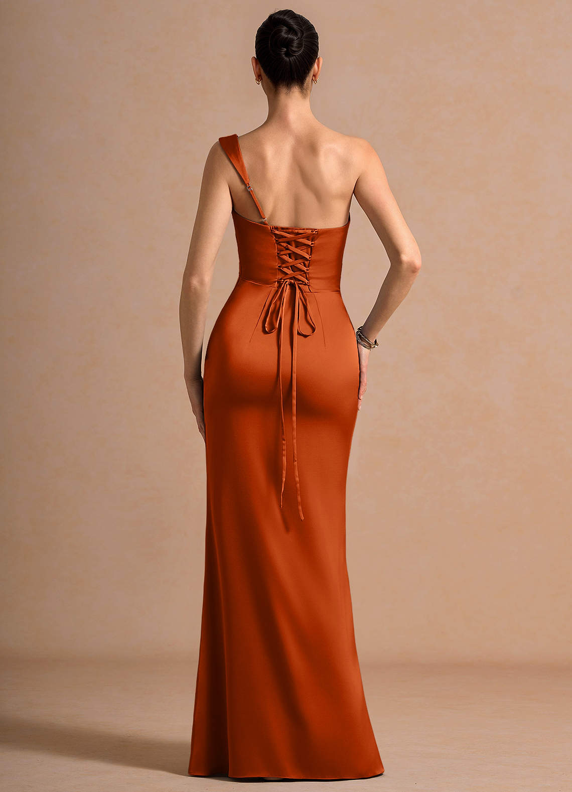 Cassiopeia One-Shoulder Draped Stretch Satin Evening Dress in Rust