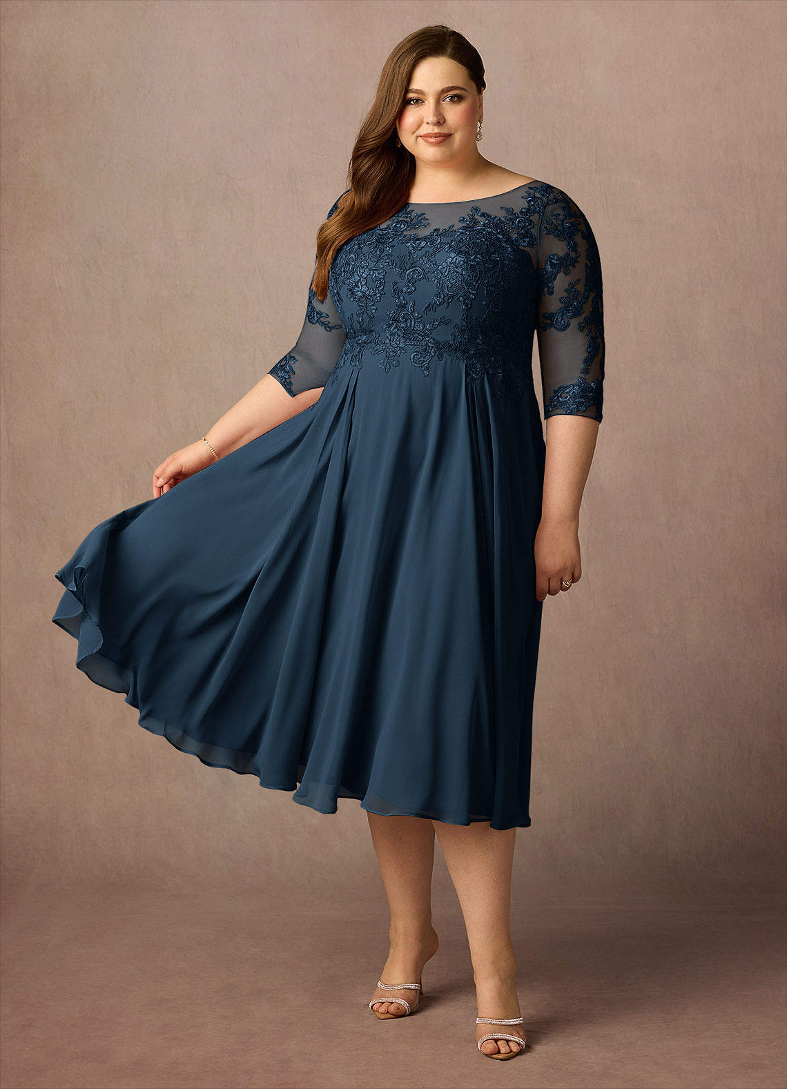 Marge A-Line Scoop-Neck Chiffon and Lace Mother of the Bride Dress in Dark Navy