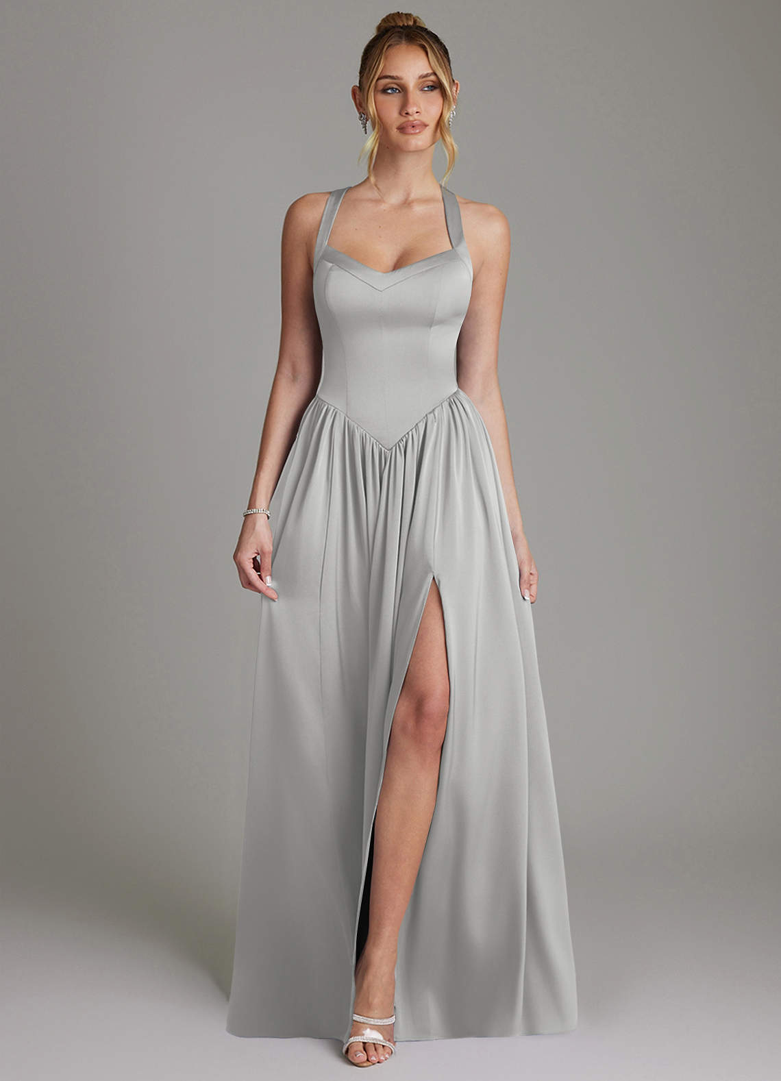 Francis A-Line V-Neck Stretch Satin Bridesmaid Dress in Silver