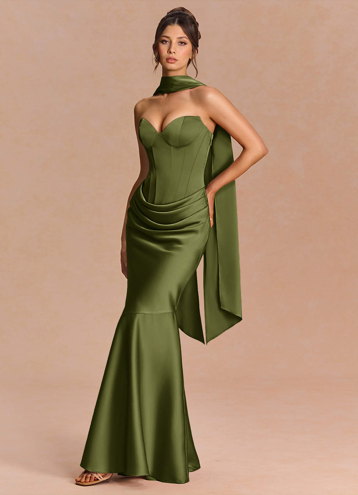 Euphemia Mermaid Strapless Stretch Satin Evening Dress in Olive