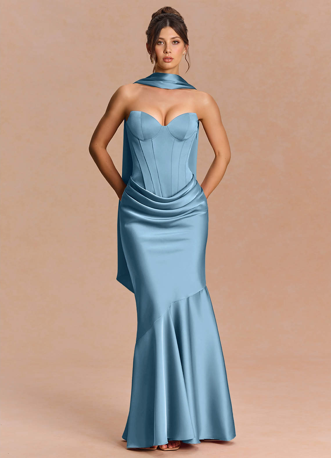 Euphemia Mermaid Strapless Stretch Satin Evening Dress in Haze blue