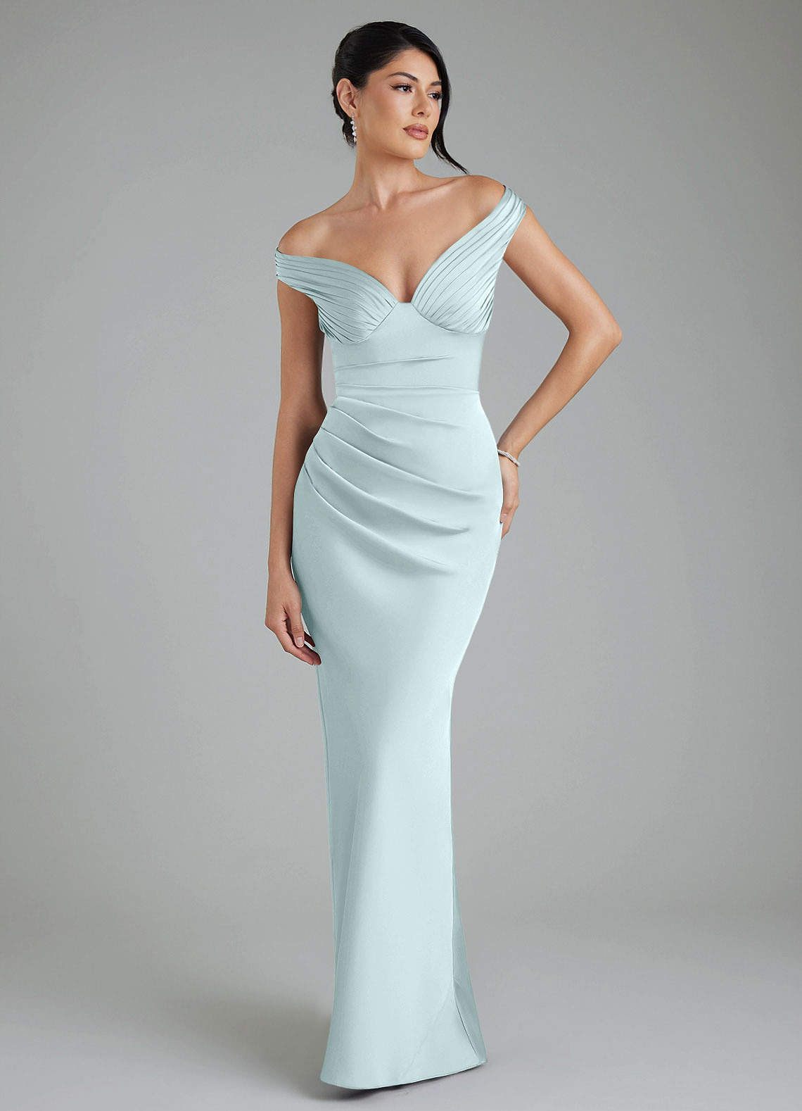 Stella Sheath V-Neck Stretch Satin Bridesmaid Dress in Sea Glass