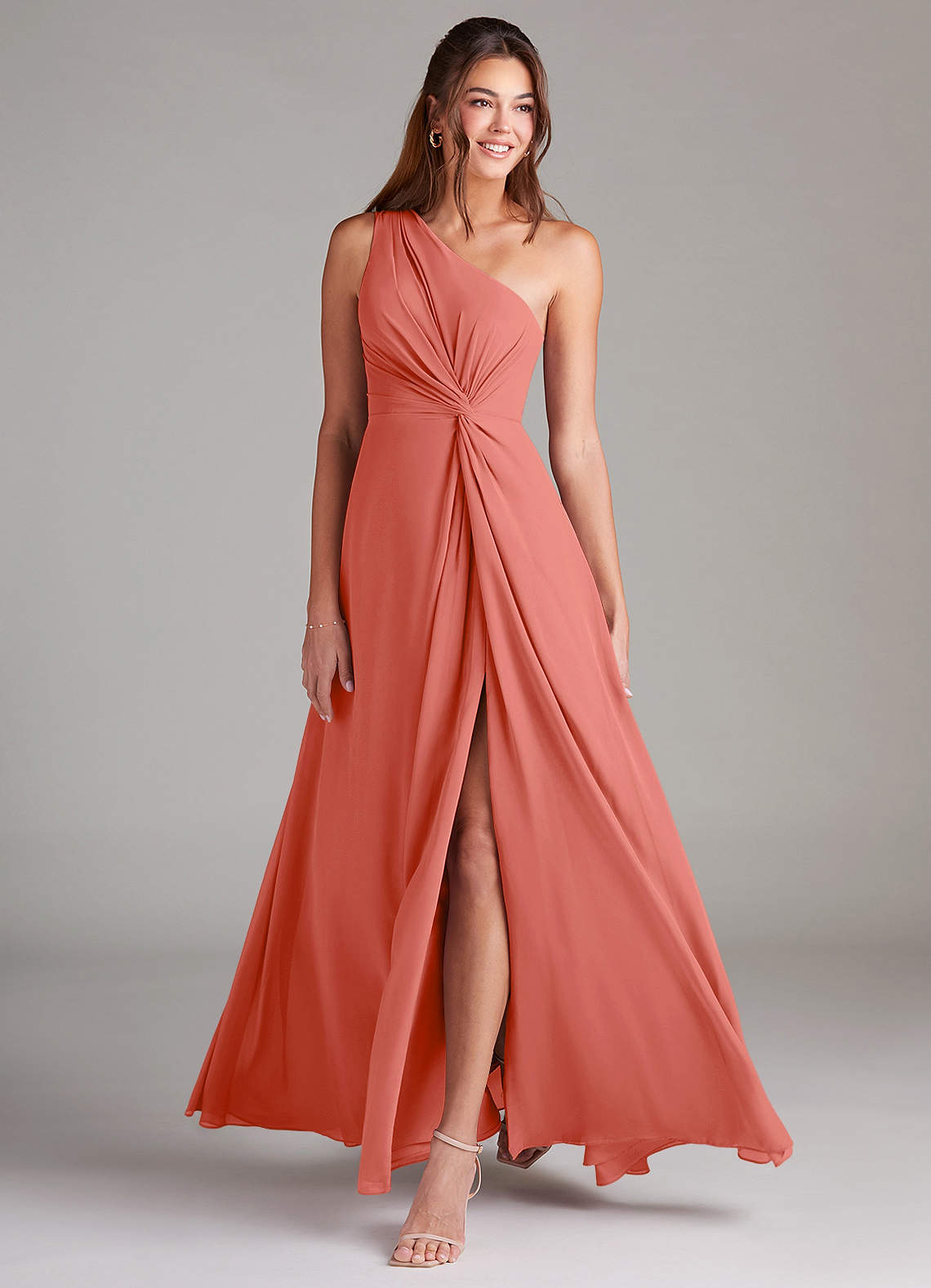 Brooke A-Line One-Shoulder Chiffon Bridesmaid Dress in Salmon Pink