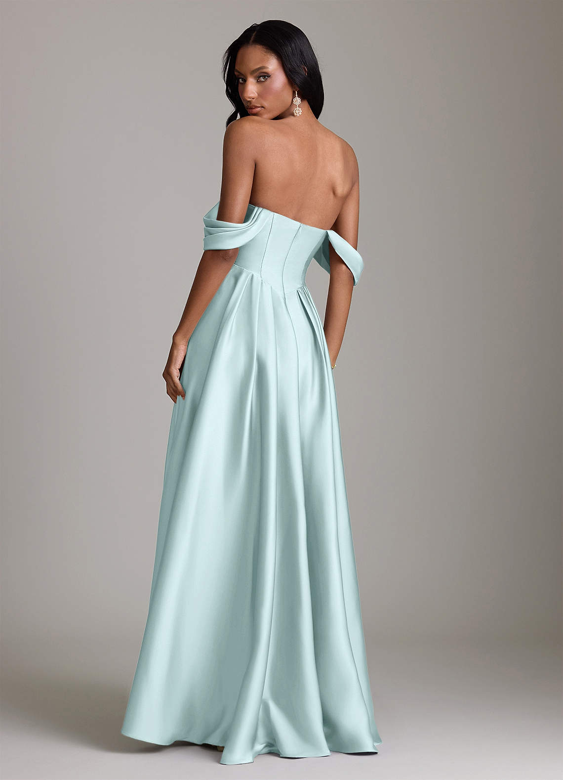 Loisa A-Line Off-the-Shoulder Stretch Satin Bridesmaid Dress in Sea Glass