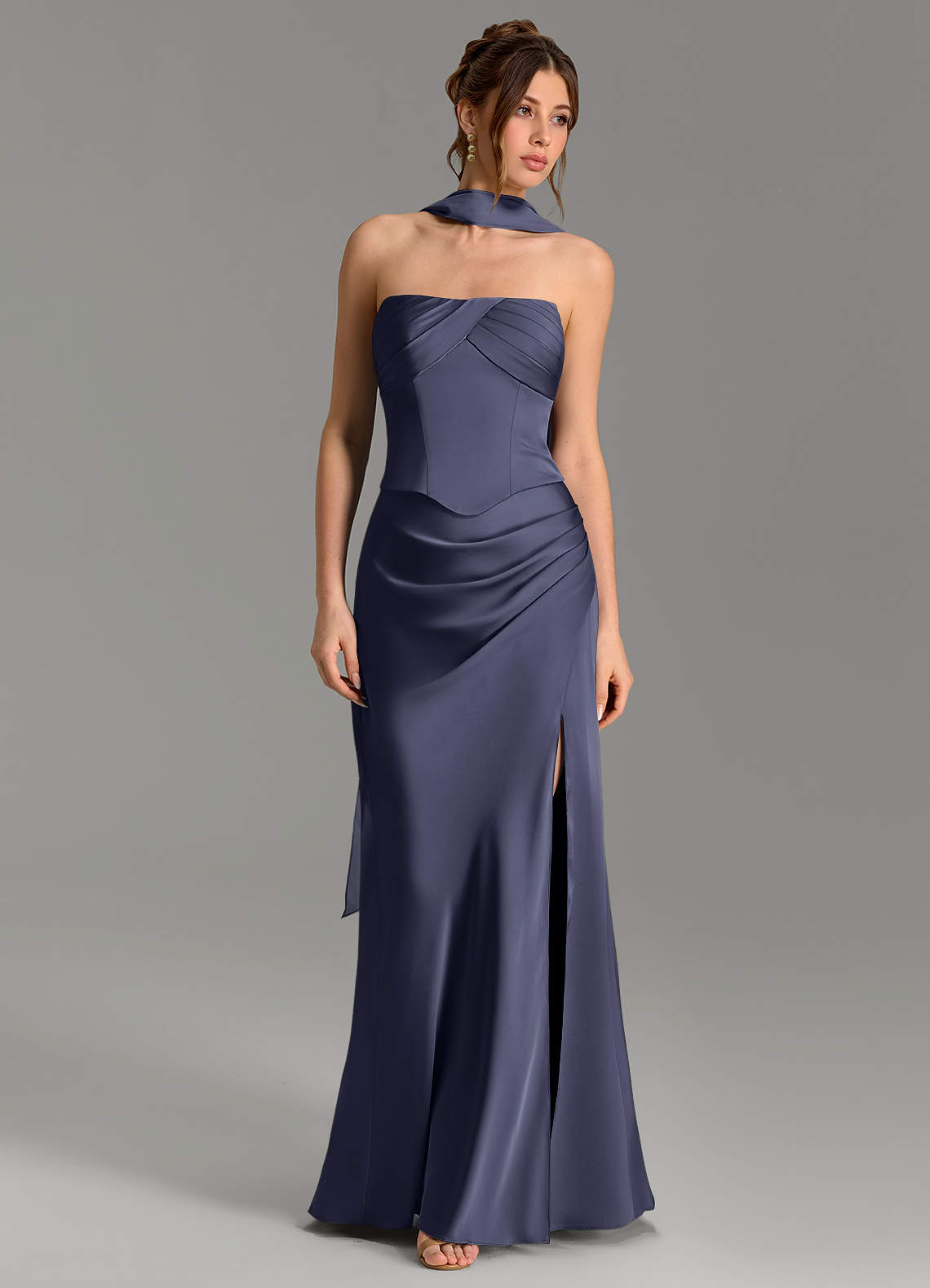 Nicki Sheath Scoop-Neck Stretch Satin Bridesmaid Dress in Stormy