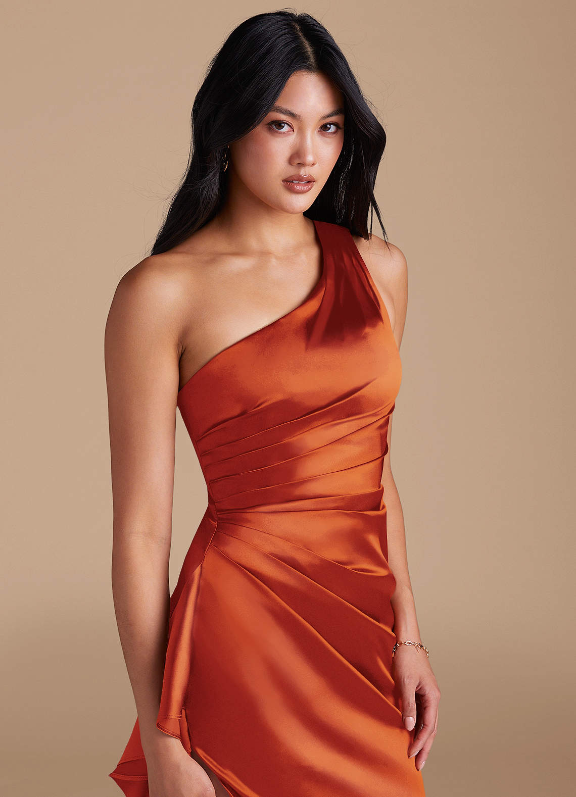 Latrice Sheath One-Shoulder Metallic Satin Bridesmaid Dress in Paprika