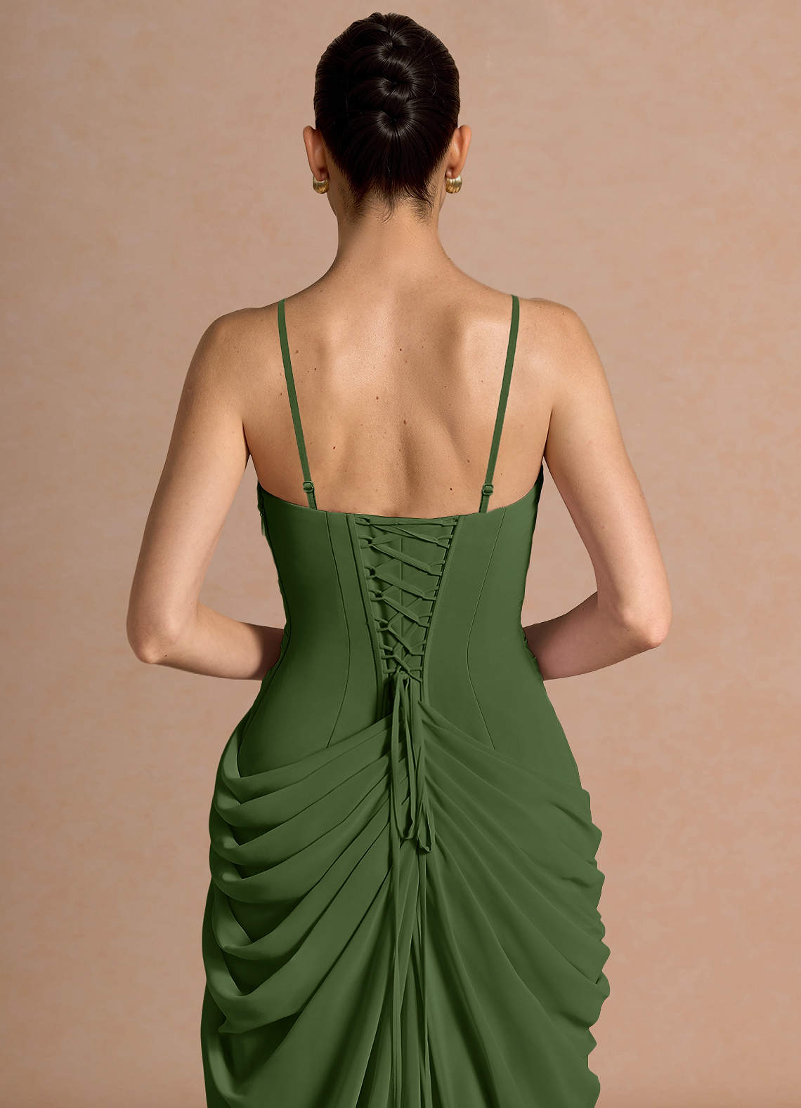 Kaavia Column Pleated Chiffon Midi Evening Dress in Olive