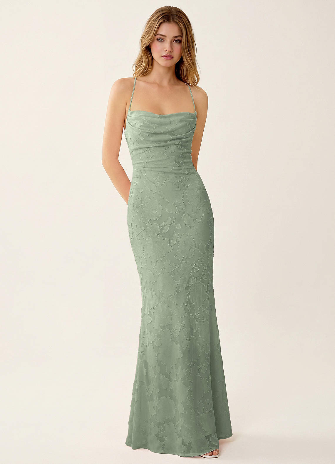 Natasha Mermaid Spaghetti-Strap Floral Burnout Evening Dress in Agave Green
