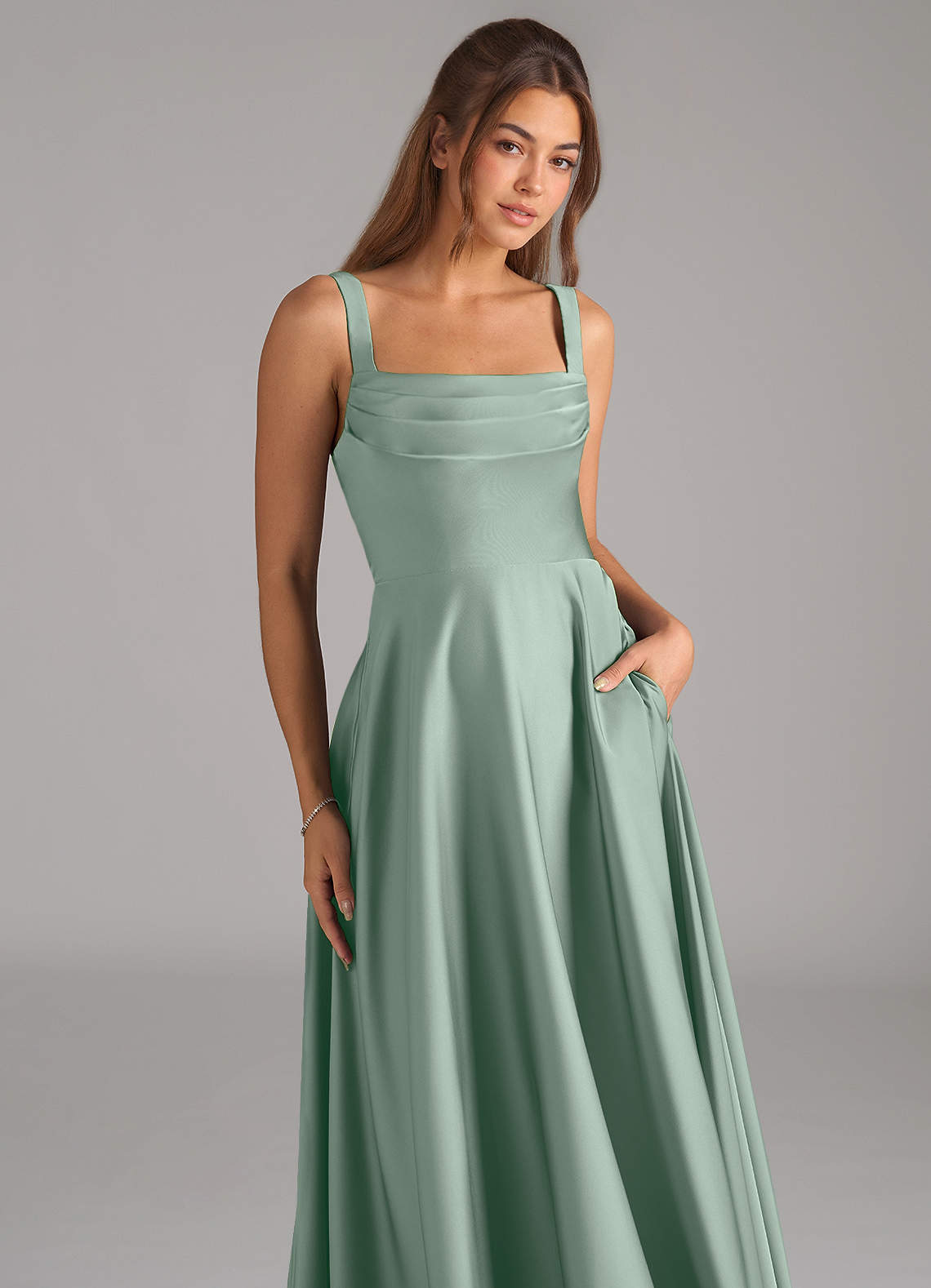 Shaude A-Line Square-Neck Stretch Satin Bridesmaid Dress in Agave