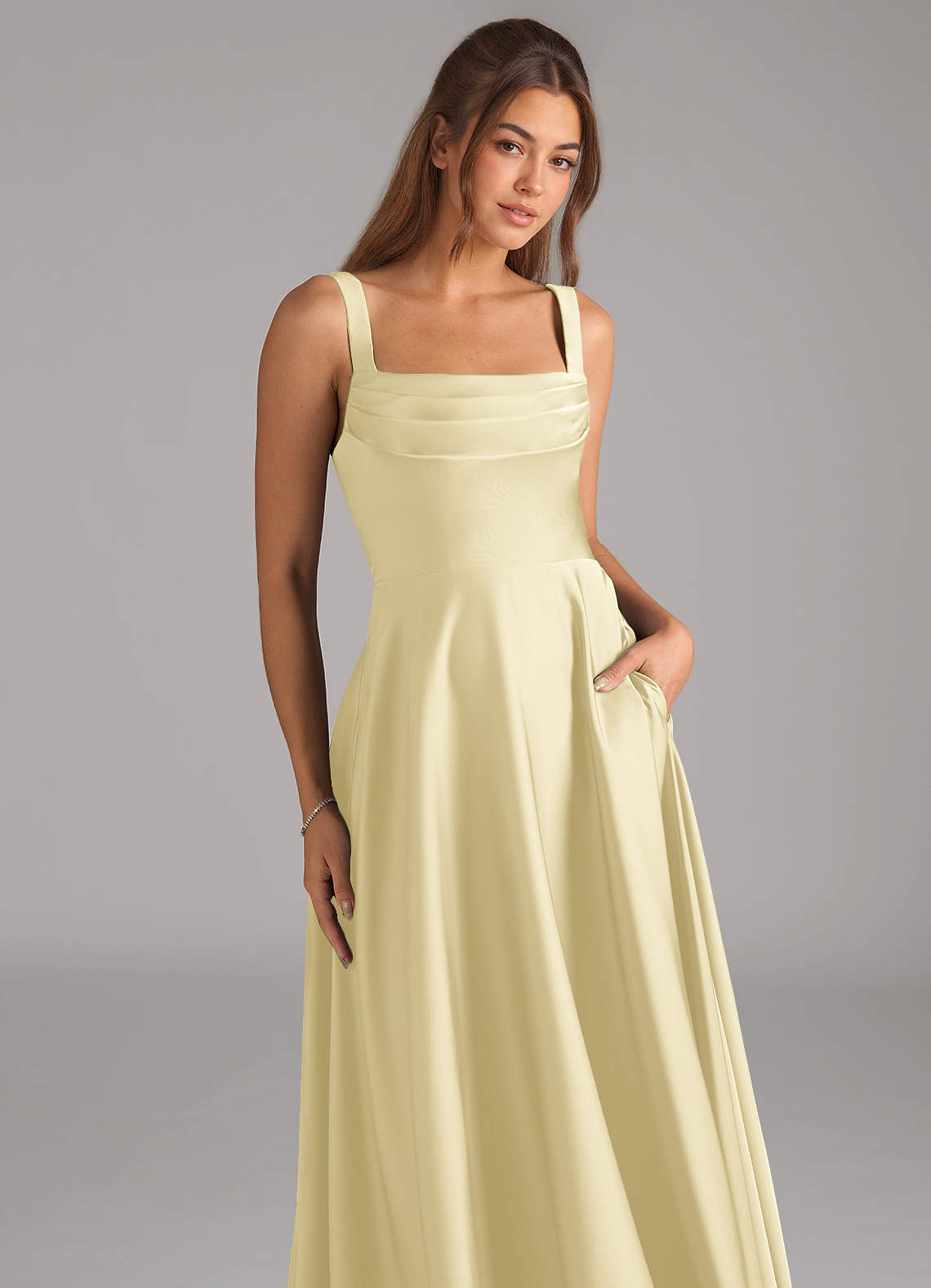Shaude A-Line Square-Neck Stretch Satin Bridesmaid Dress in Lemon Sorbet