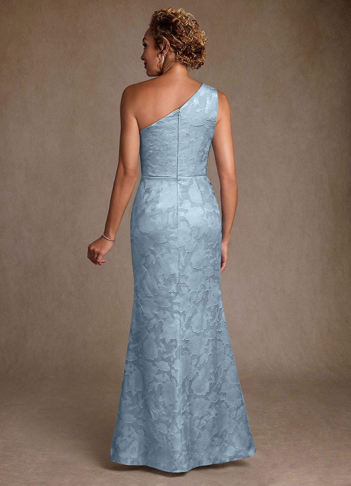Joylin Trumpet One-Shoulder Floral Burnout Mother of the Bride Dress in Sky Blue