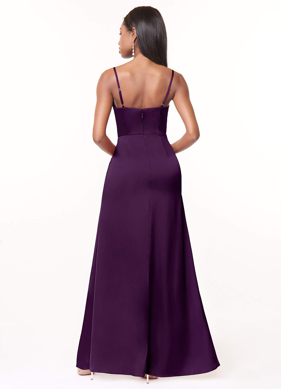 Maci A-Line V-Neck Stretch Satin Bridesmaid Dress in Grape