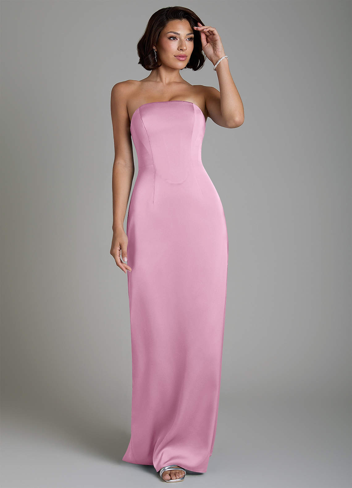 Fallyn Sheath Strapless Stretch Satin Bridesmaid Dress in candy pink