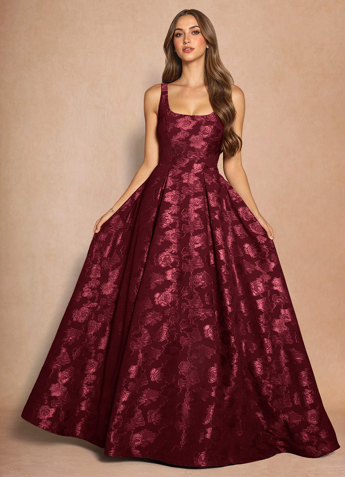 Briac A-Line Scoop-Neck Fil Coupé Evening Dress in Wine