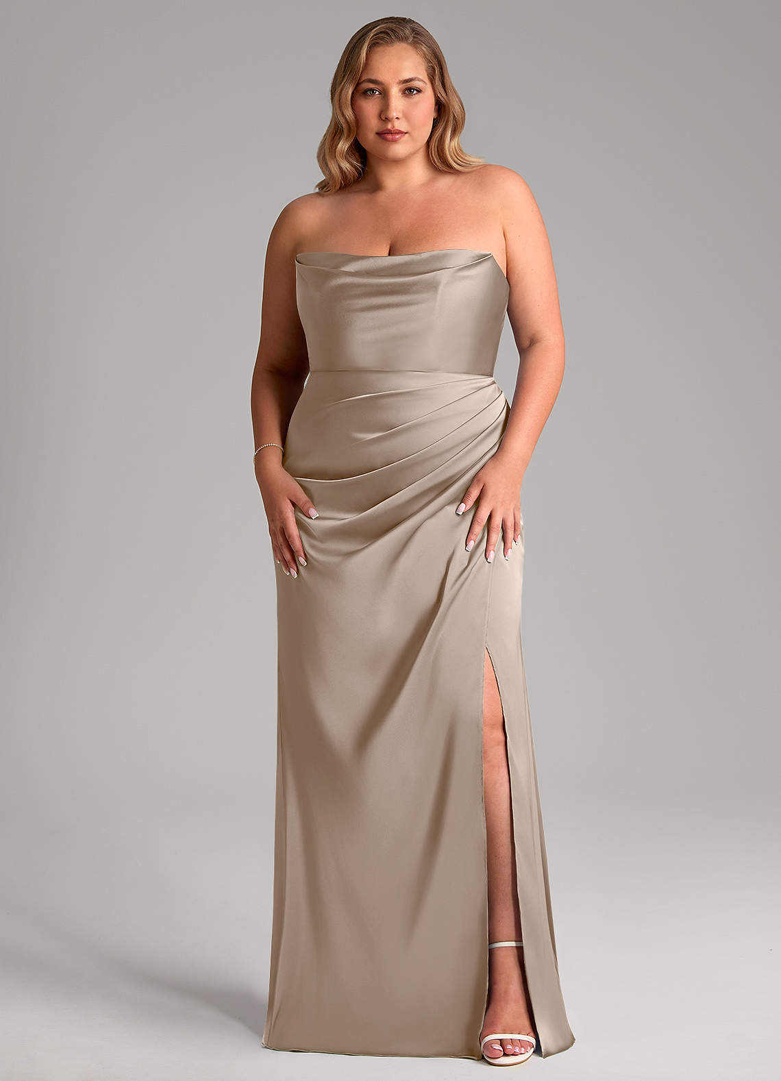 Leonis Mermaid Cowl-Neck Stretch Satin Bridesmaid Dress in Taupe