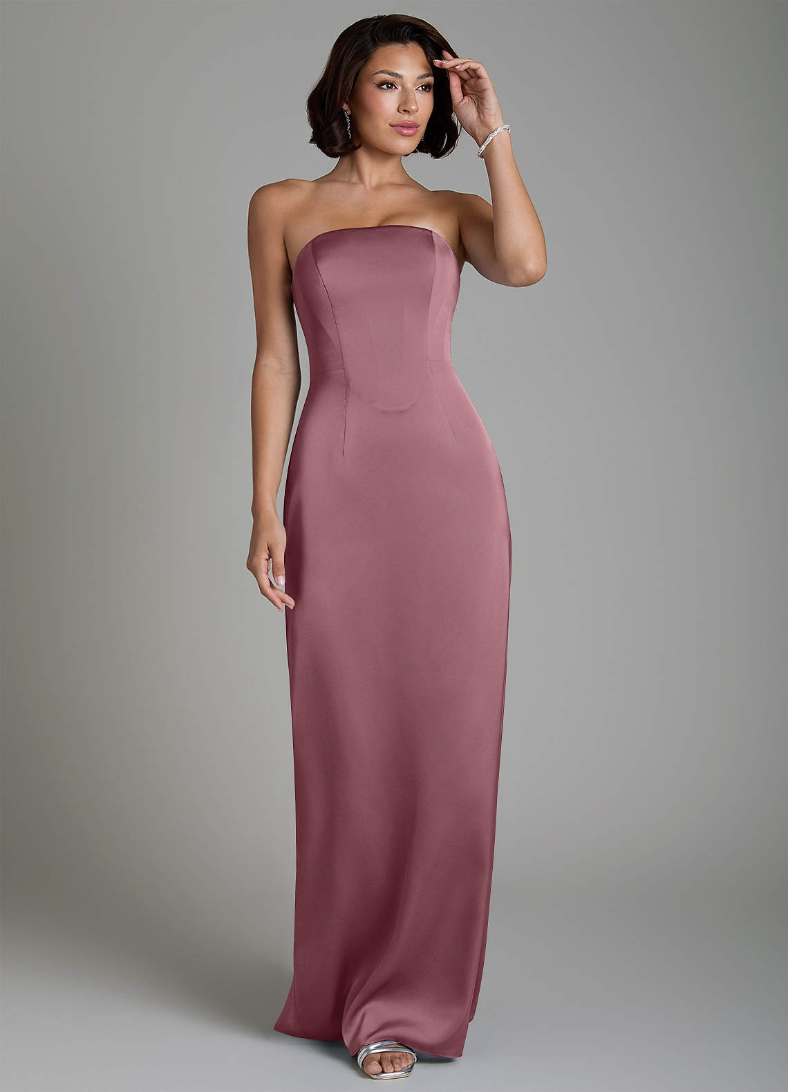 Fallyn Sheath Strapless Stretch Satin Bridesmaid Dress in Amethyst
