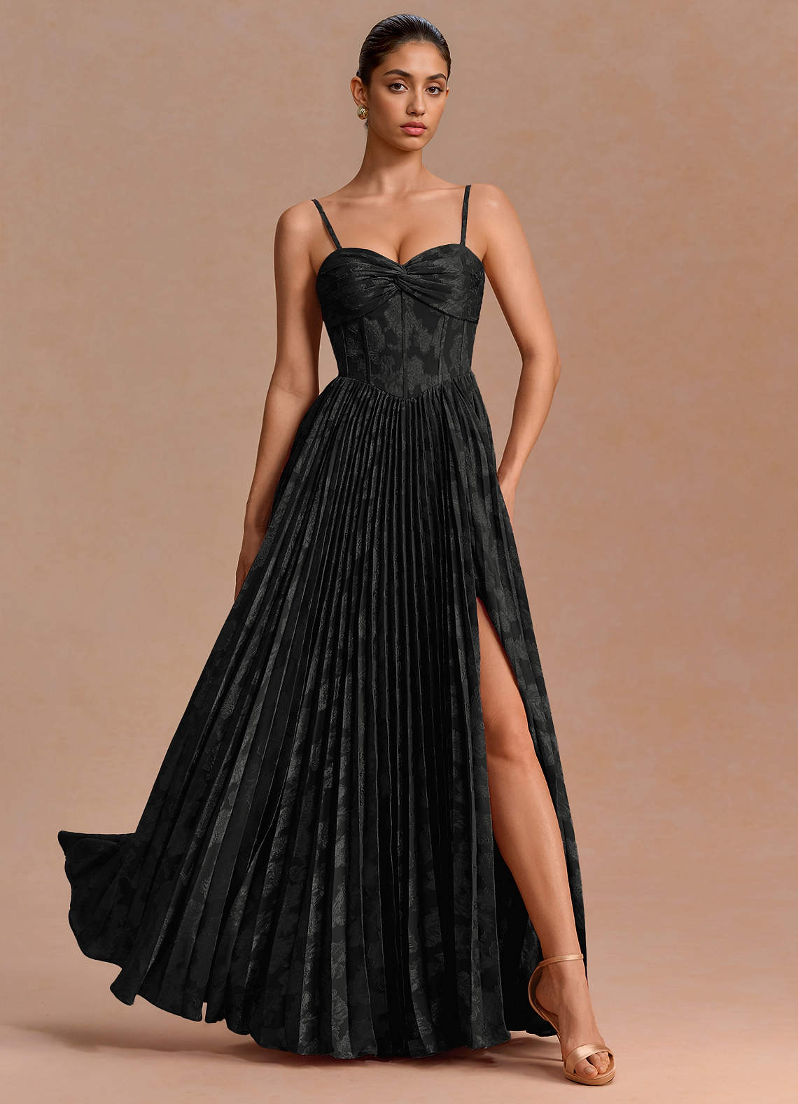 Delfina A-Line Twisted-Bust Fil Coupé Evening Dress in Black