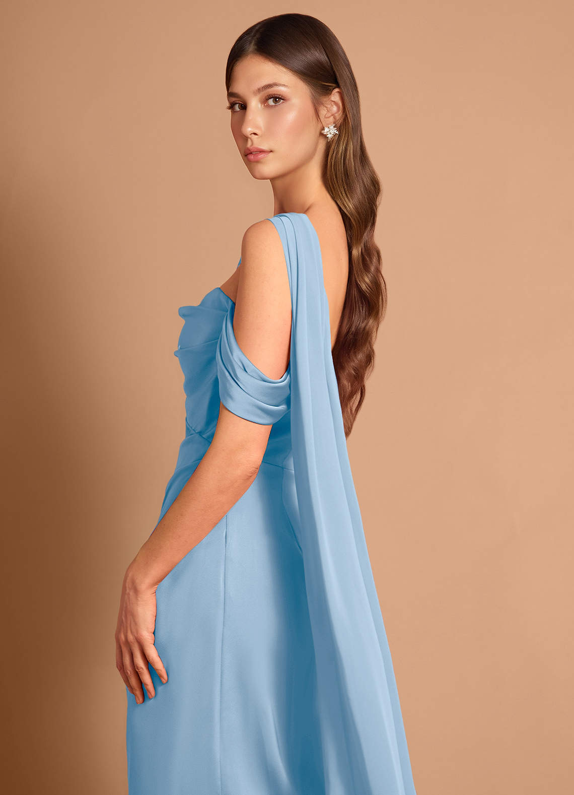 Meliora Asymmetric Strapless Chiffon-Drape Stretch Satin Evening Dress in Haze blue
