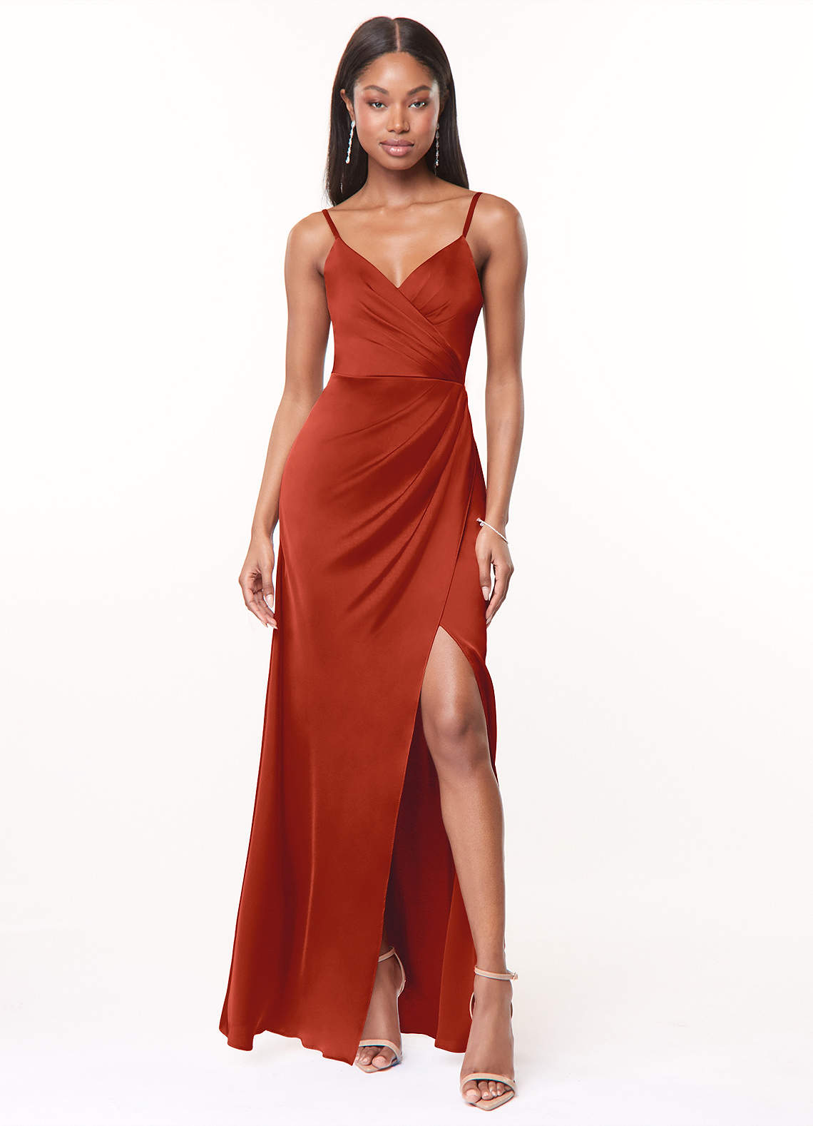 Maci A-Line V-Neck Stretch Satin Bridesmaid Dress in Rust