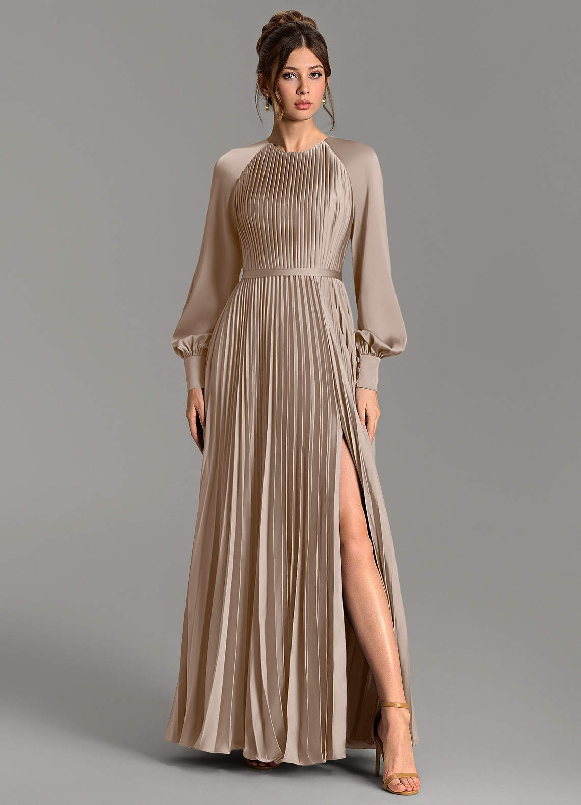 Grayson A-Line Scoop-Neck Stretch Satin Bridesmaid Dress in Taupe