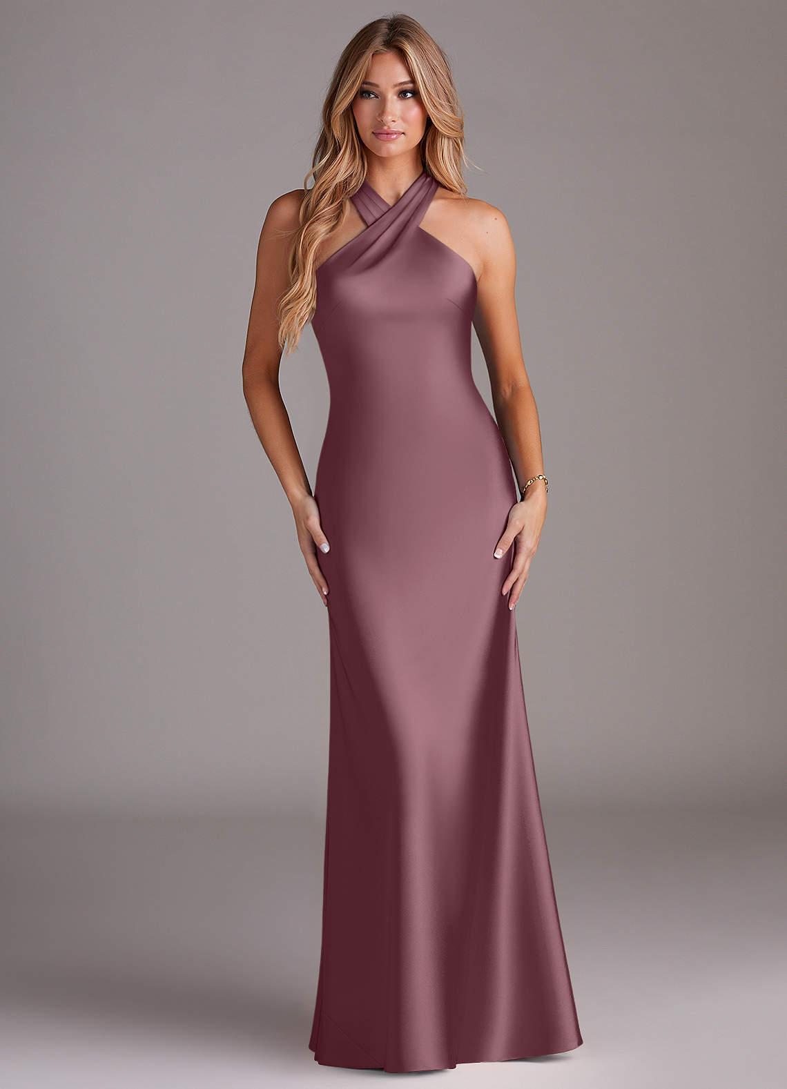 Doretta Mermaid Halter Stretch Satin Bridesmaid Dress in Amethyst