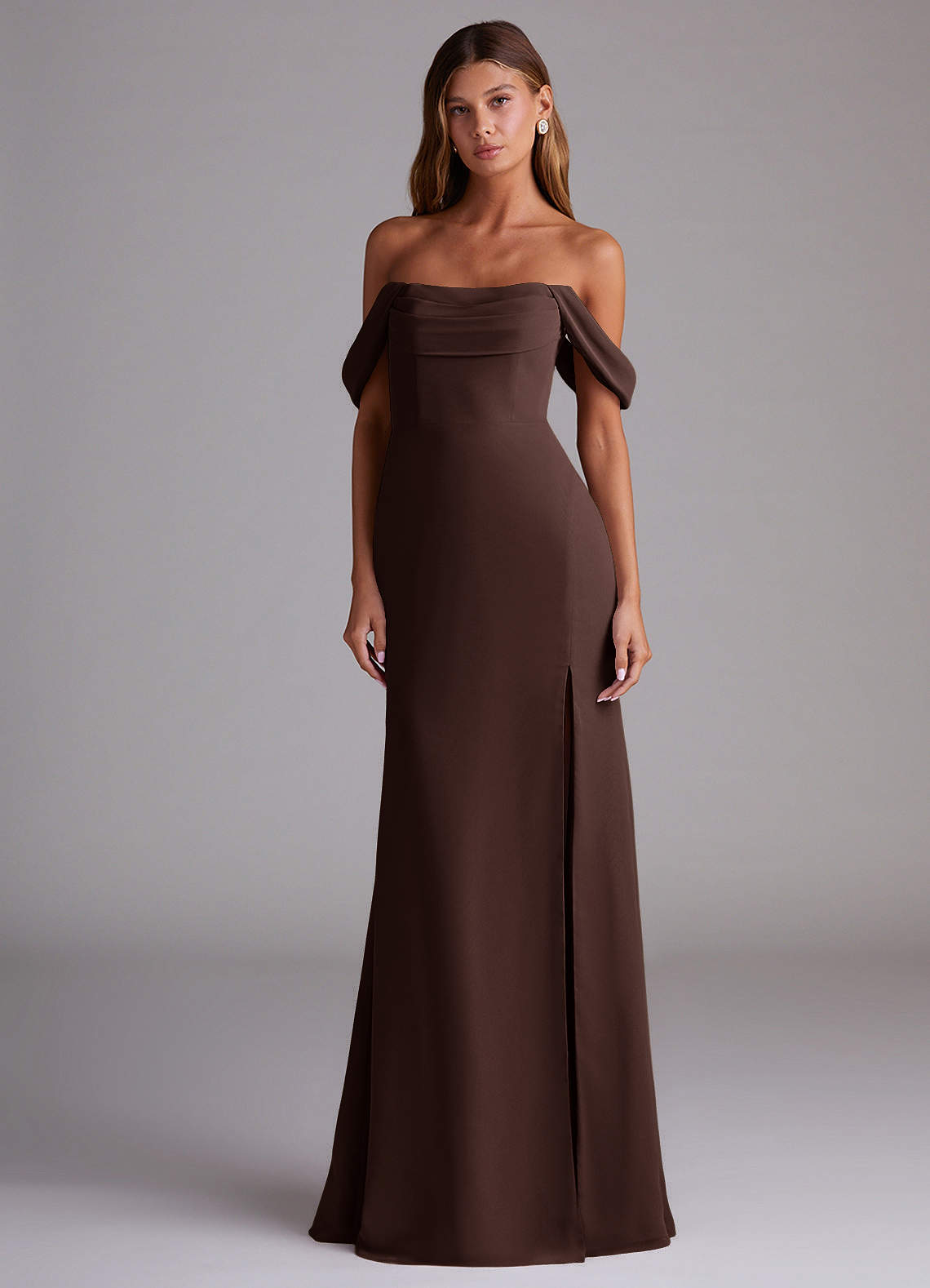 Saige A-Line Off-the-Shoulder Chiffon Bridesmaid Dress in Ganache