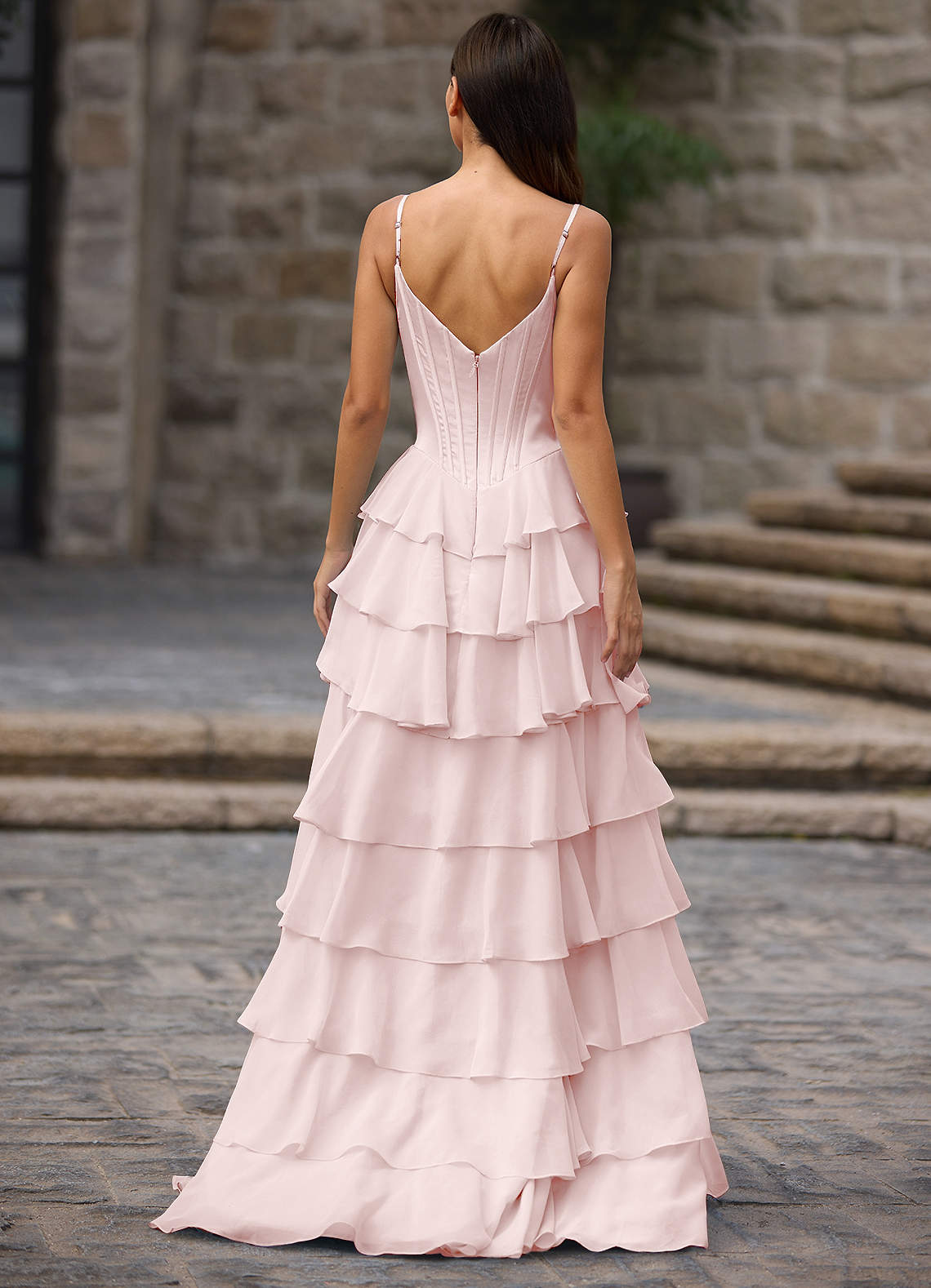 Floralace A-Line Ruffle Chiffon Evening Dress in Powder Pink
