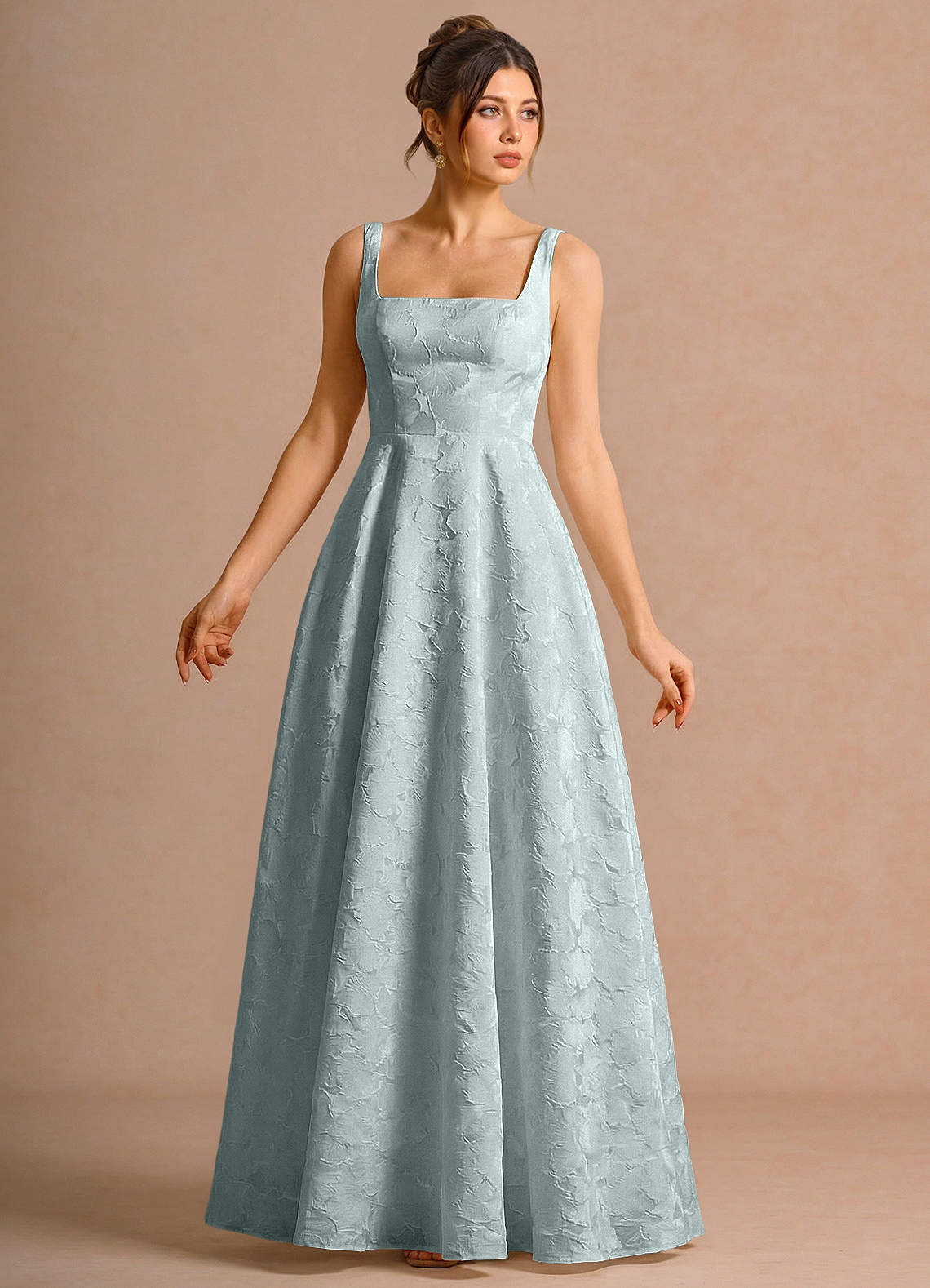 Effie A-Line Square-Neck Jacquard Evening Dress in French Blue