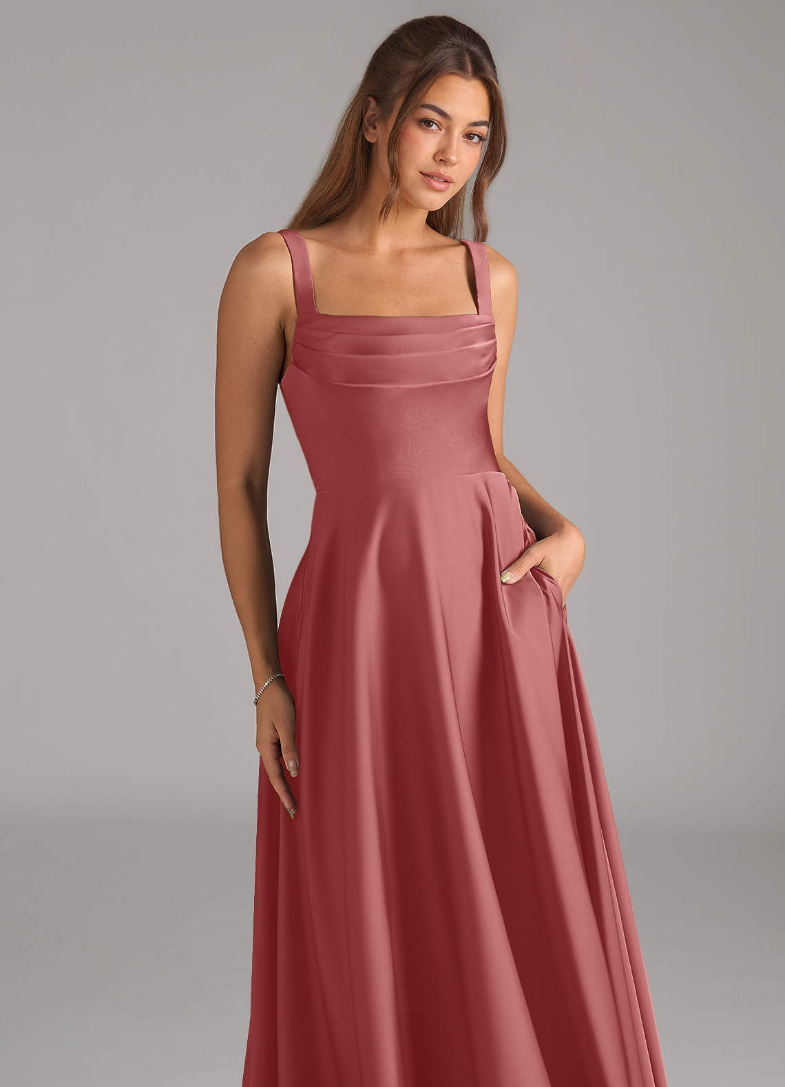 Shaude A-Line Square-Neck Stretch Satin Bridesmaid Dress in Antique Rose
