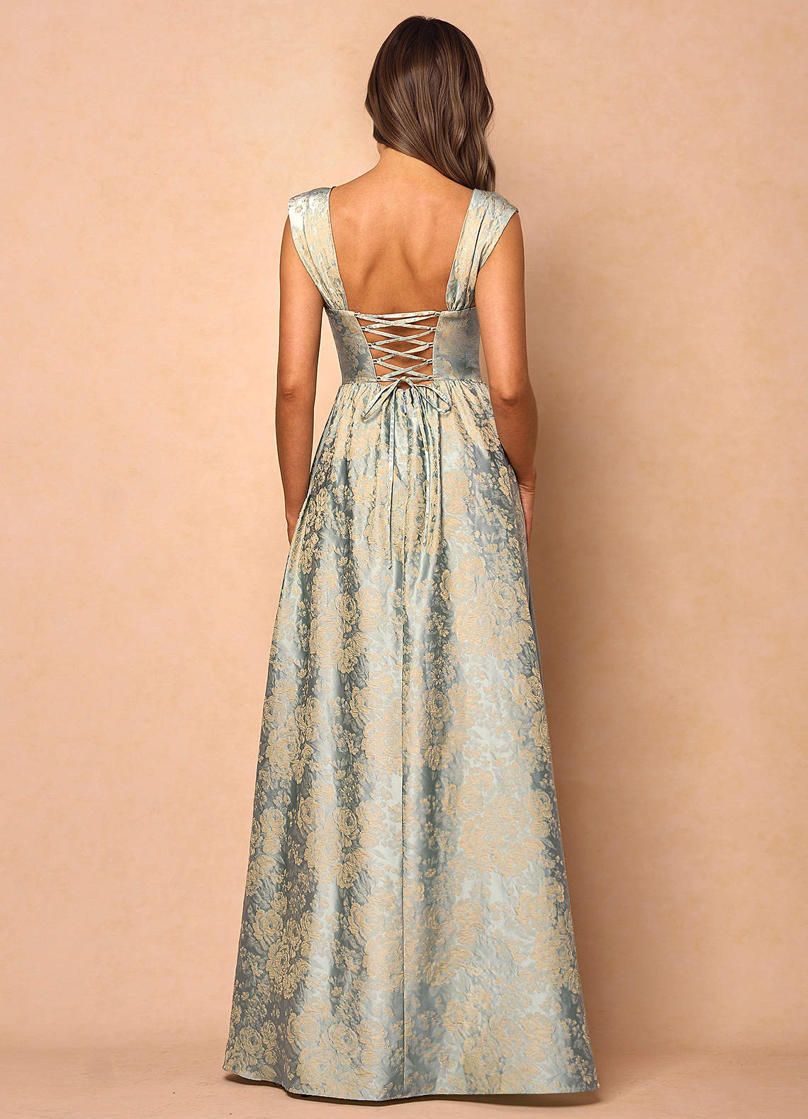Runa Ball Gown Pleated Jacquard Taffeta Evening Dress in Vintage Blue