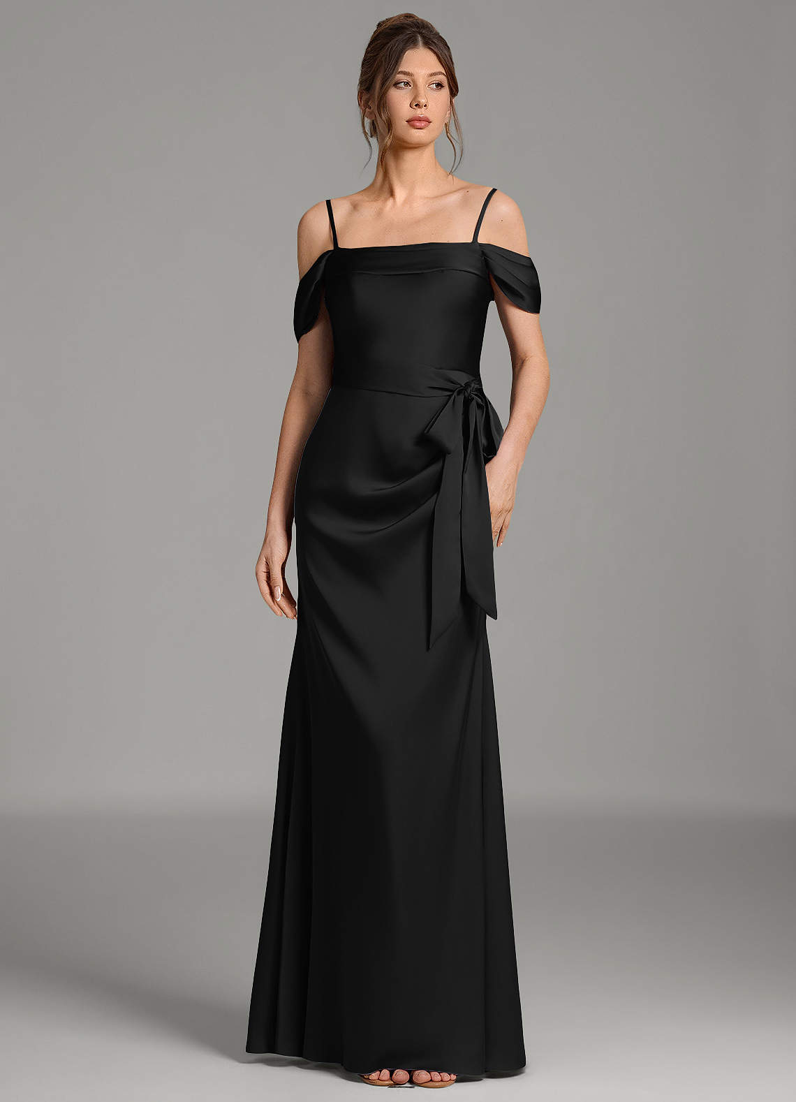 Wyatt Mermaid Off-the-Shoulder Stretch Satin Bridesmaid Dress in black