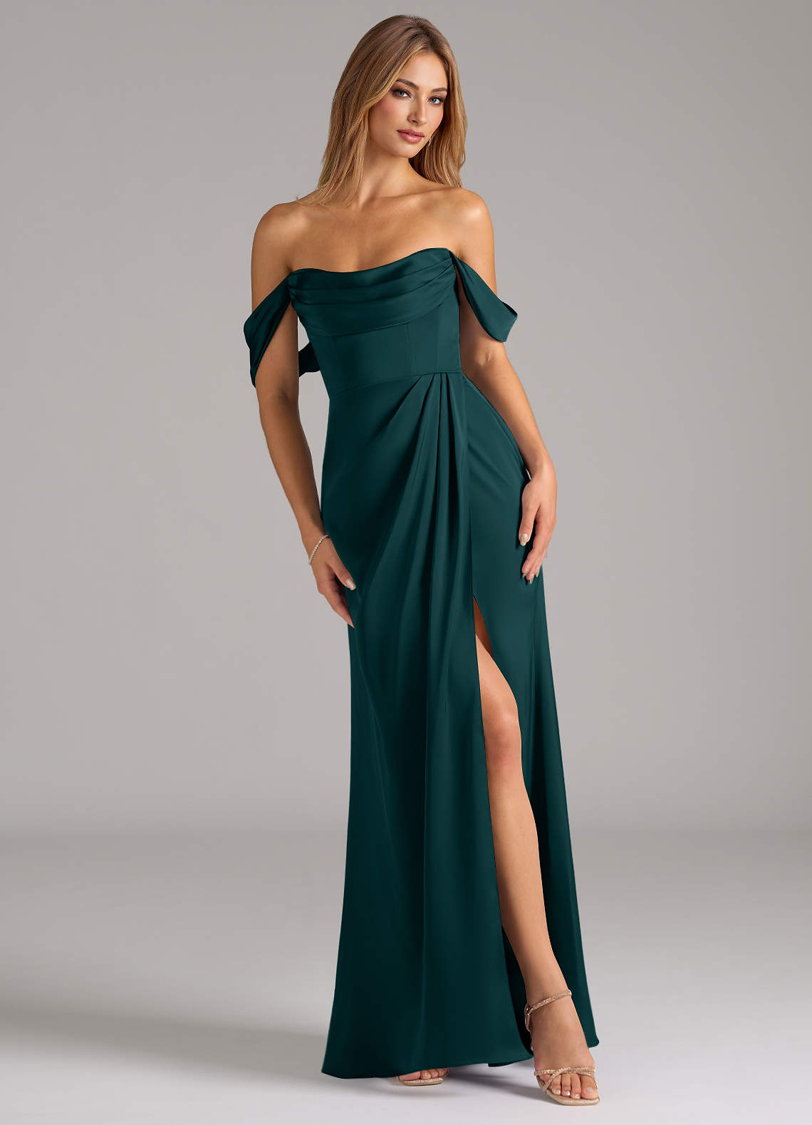 Johana Mermaid Off-the-Shoulder Stretch Satin Bridesmaid Dress in Pine